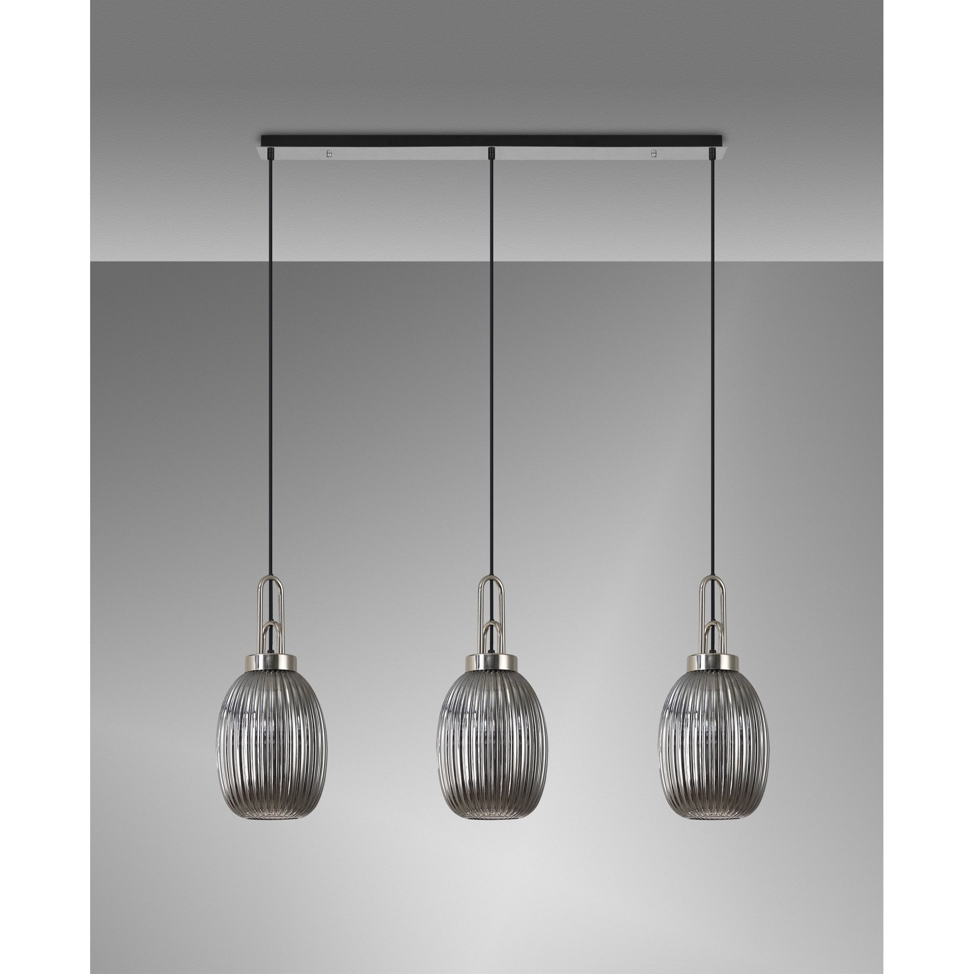 Fabula Springfield 3 Light Linear Pendant - 20cm Almond Ribbed Glass Shades - Polished Nickel & Smoked Glass