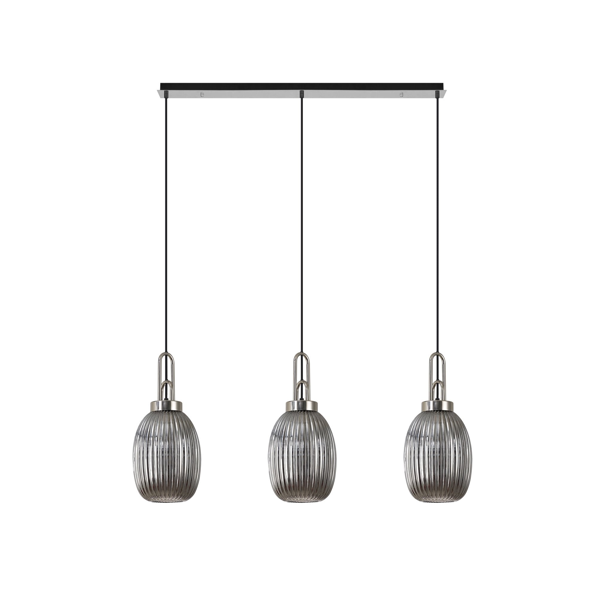 Fabula Springfield 3 Light Linear Pendant - 20cm Almond Ribbed Glass Shades - Polished Nickel & Smoked Glass