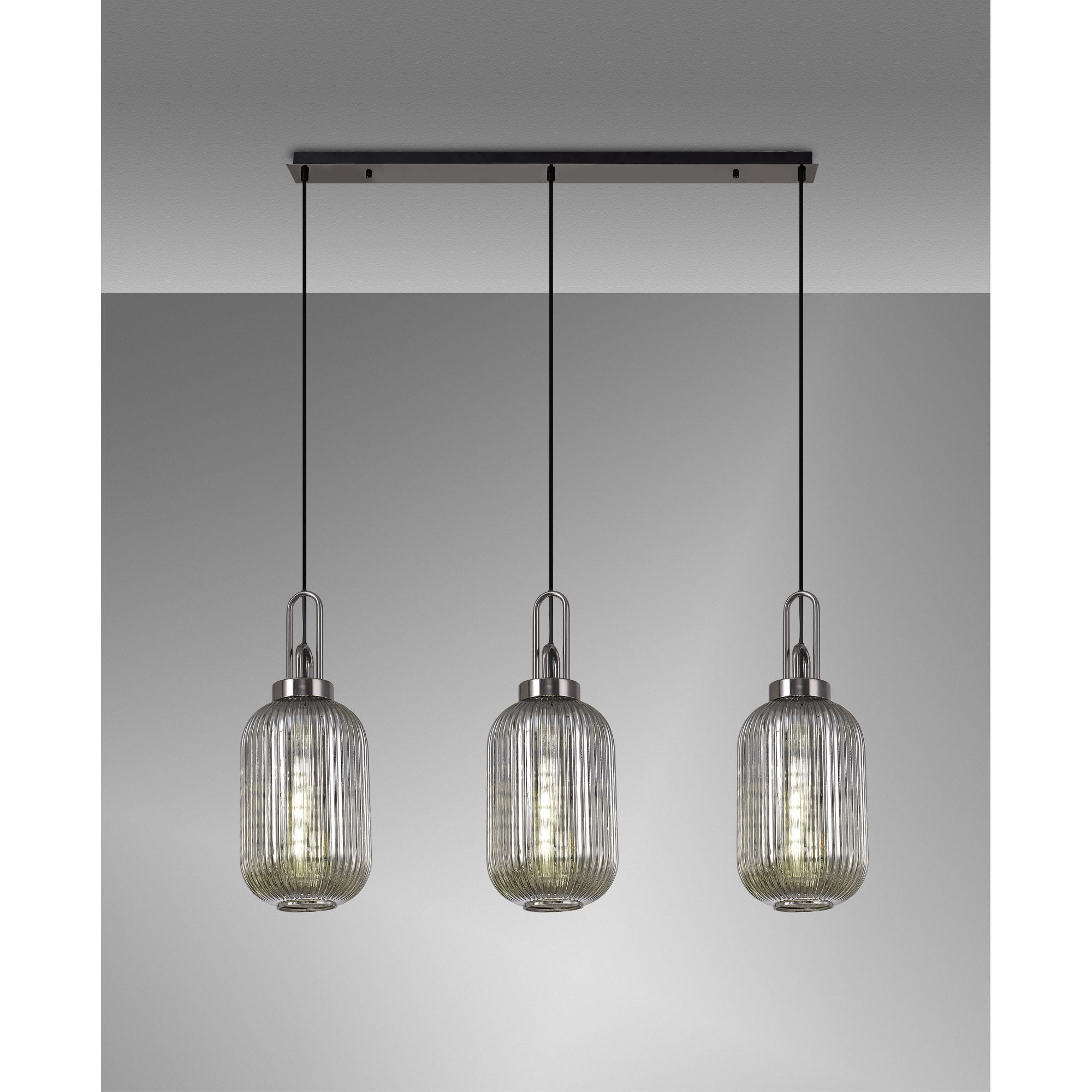 Fabula Springfield 3 Light Linear Pendant - 20cm Tubular Ribbed Glass Shades - Black Chrome & Smoked Glass