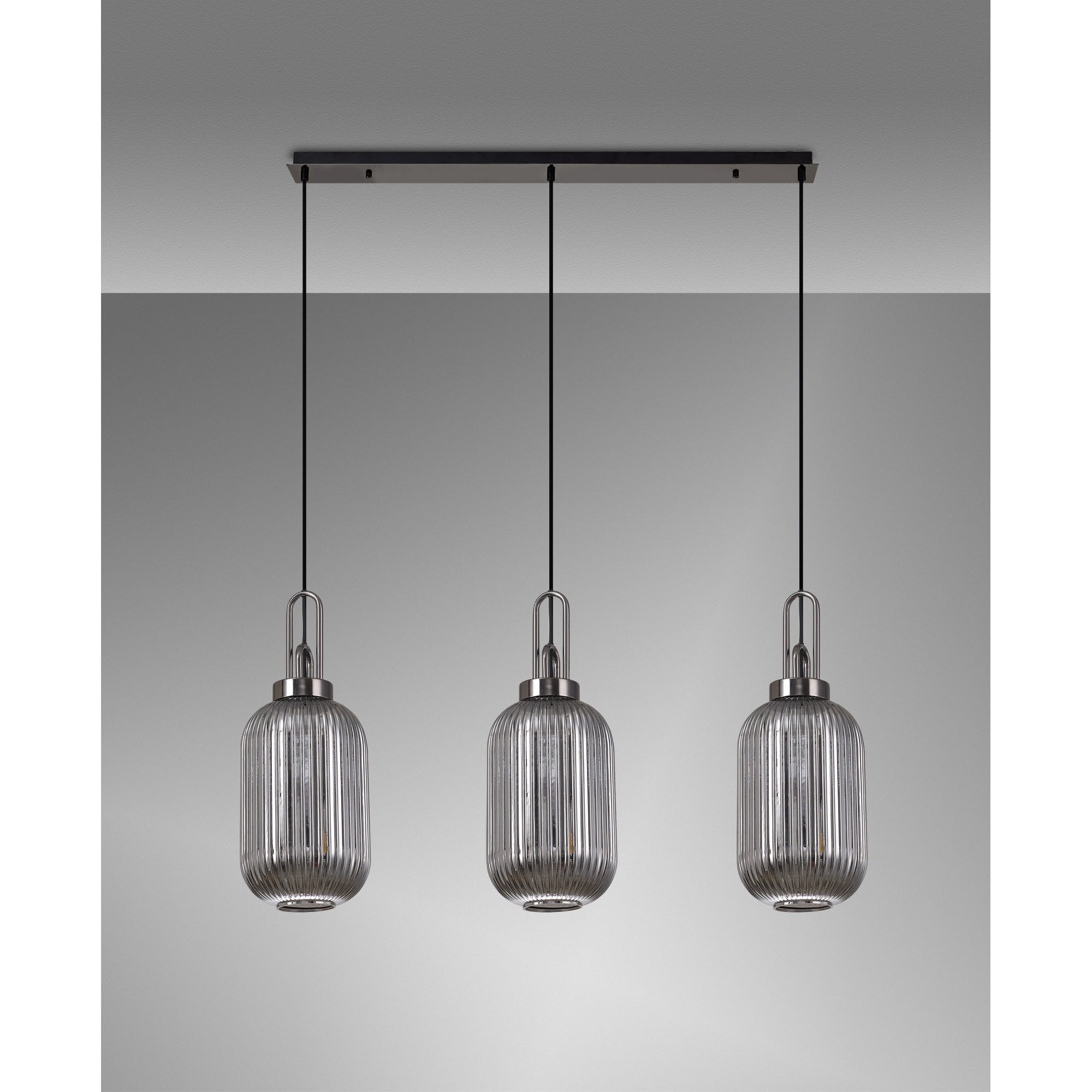 Fabula Springfield 3 Light Linear Pendant - 20cm Tubular Ribbed Glass Shades - Black Chrome & Smoked Glass