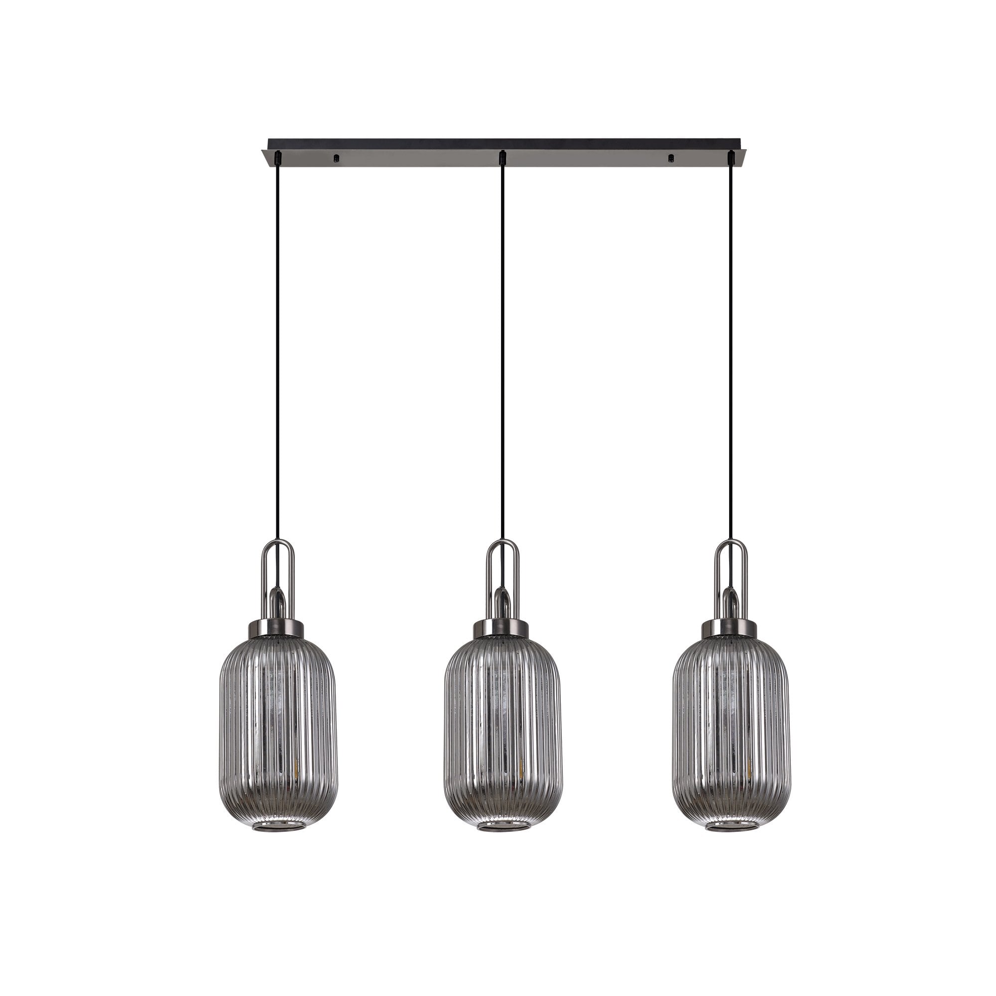 Fabula Springfield 3 Light Linear Pendant - 20cm Tubular Ribbed Glass Shades - Black Chrome & Smoked Glass