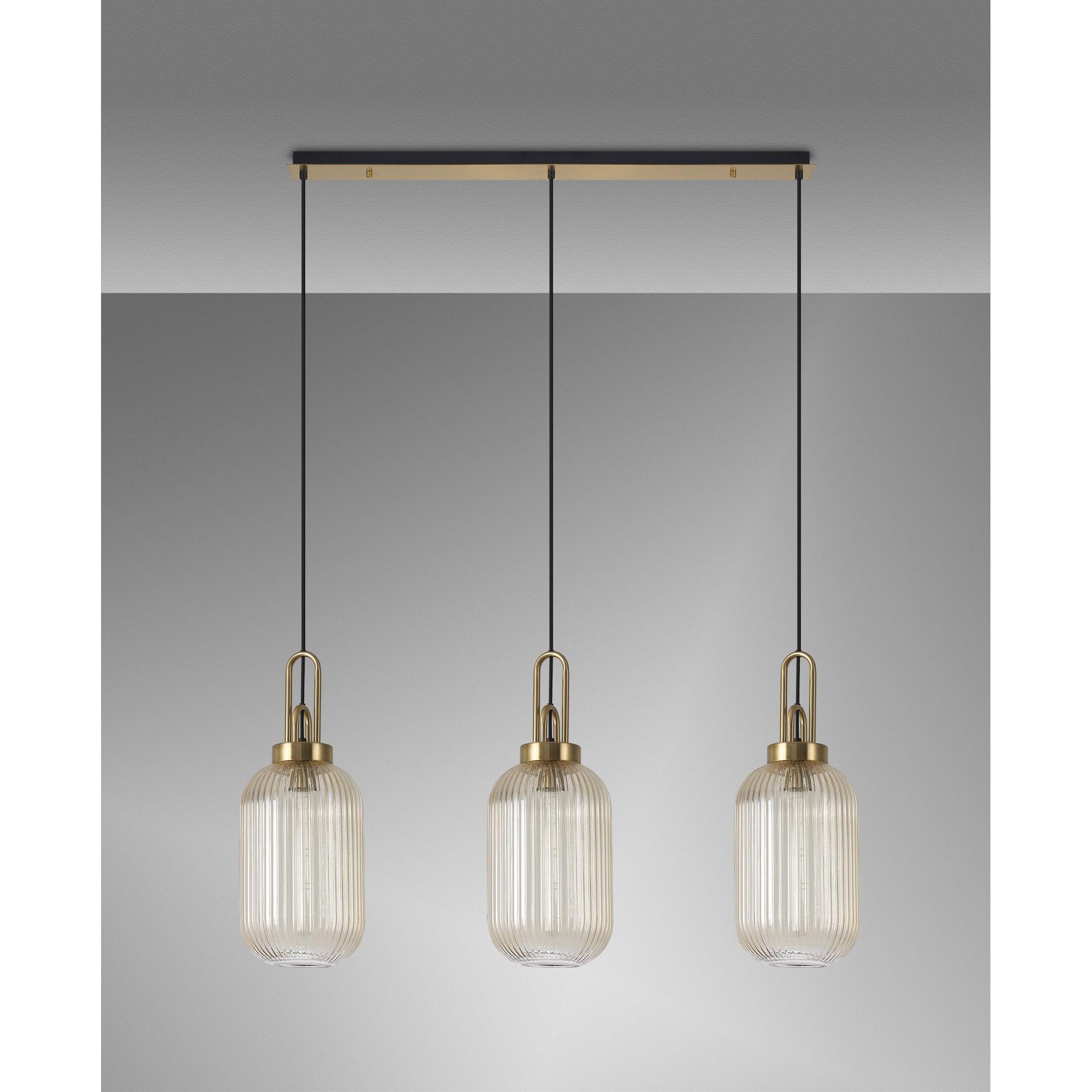 Fabula Springfield 3 Light Linear Pendant - 20cm Tubular Ribbed Glass Shades - Brass Gold & Champagne Glass