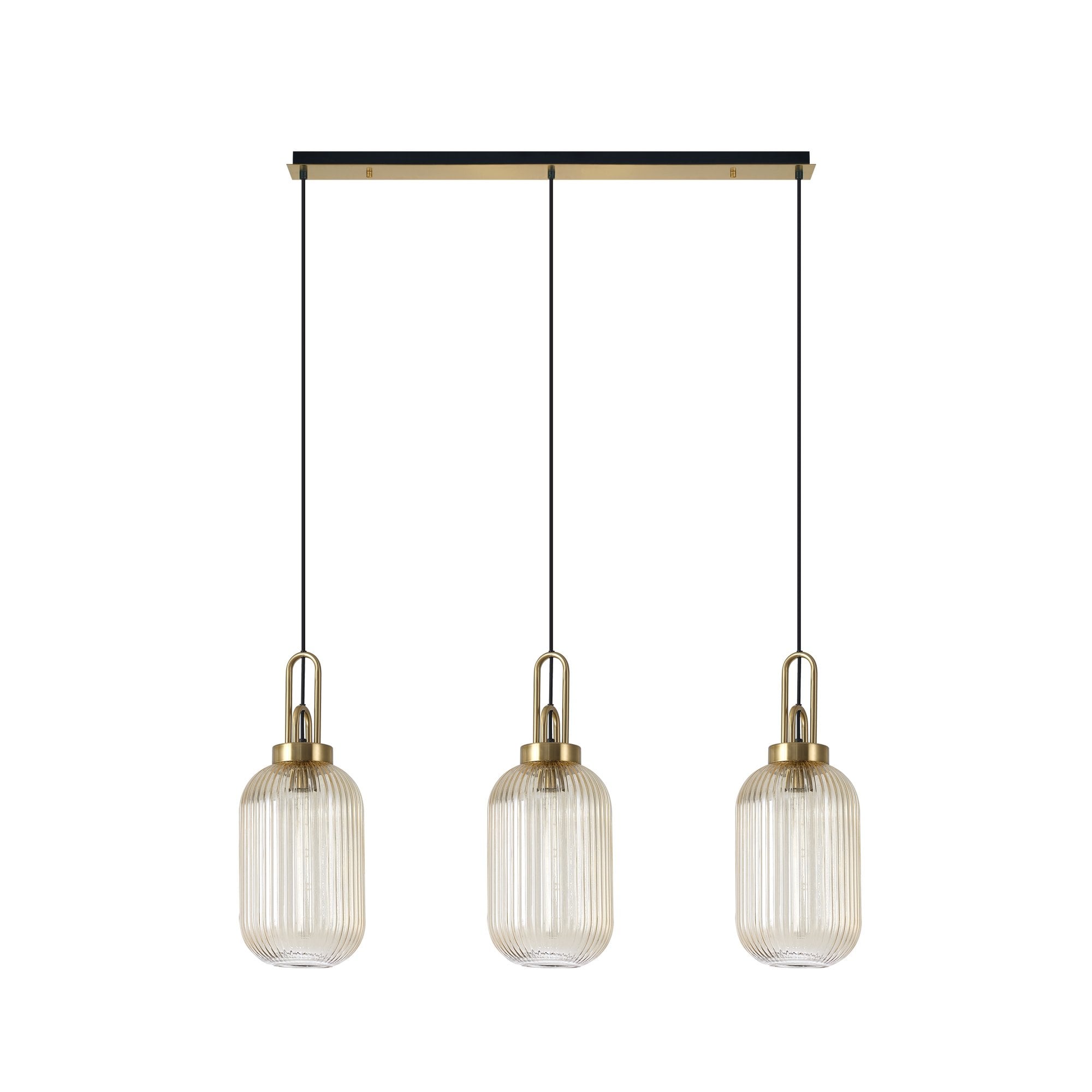 Fabula Springfield 3 Light Linear Pendant - 20cm Tubular Ribbed Glass Shades - Brass Gold & Champagne Glass