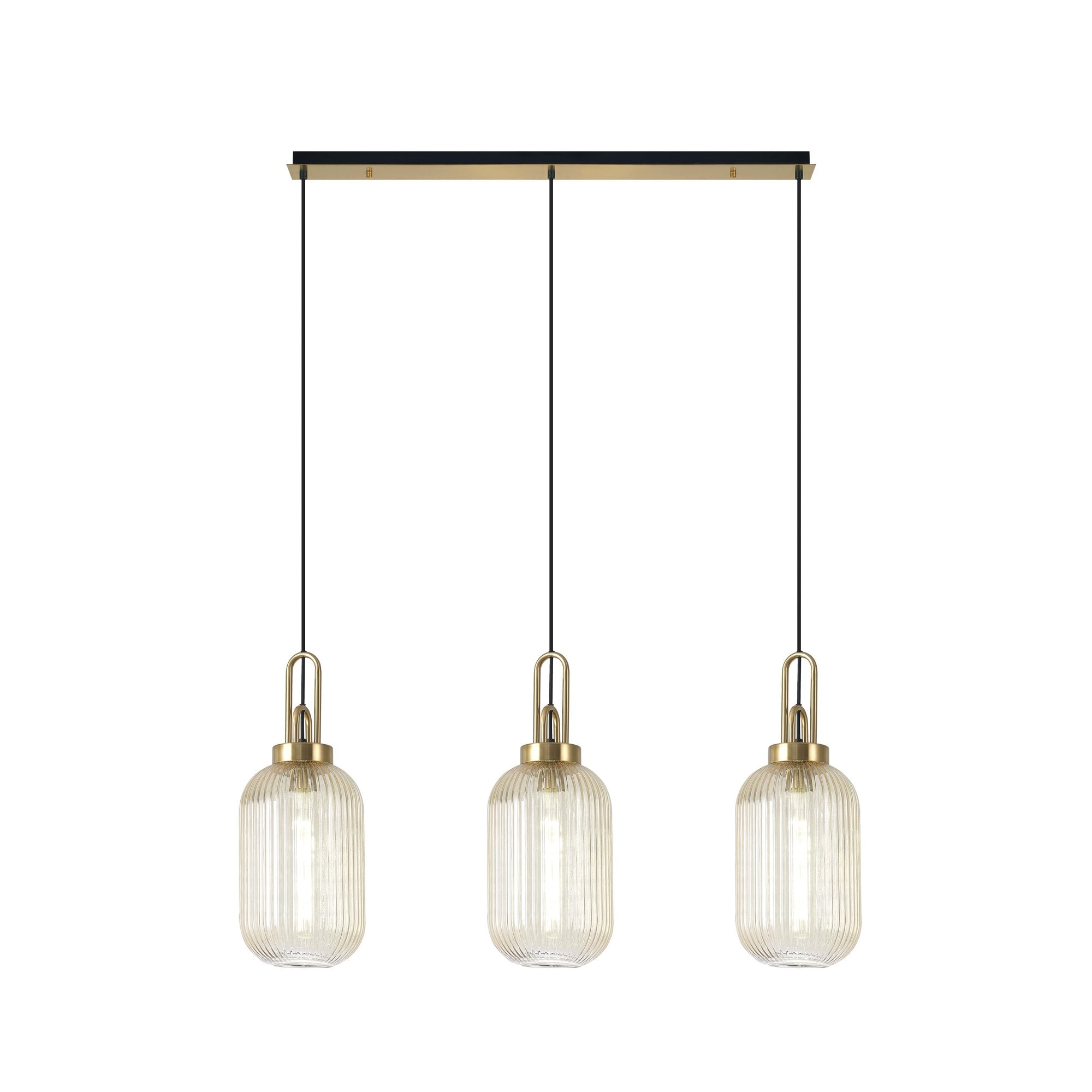 Fabula Springfield 3 Light Linear Pendant - 20cm Tubular Ribbed Glass Shades - Brass Gold & Champagne Glass