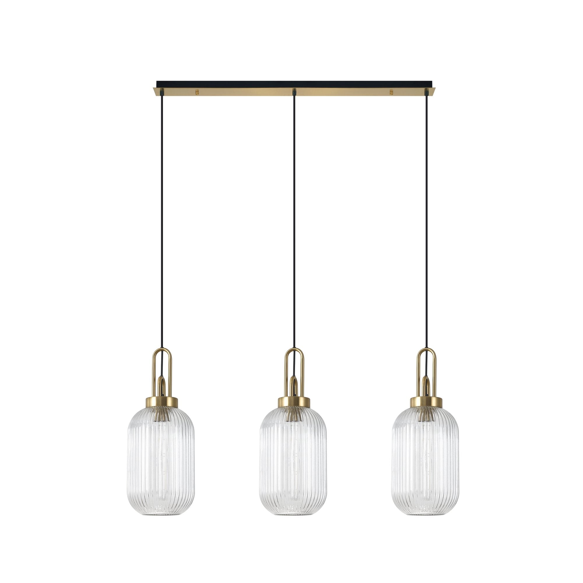 Fabula Springfield 3 Light Linear Pendant - 20cm Tubular Ribbed Glass Shades - Brass Gold & Clear Glass