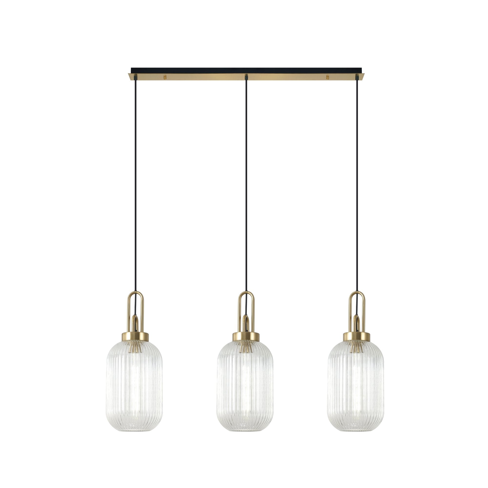 Fabula Springfield 3 Light Linear Pendant - 20cm Tubular Ribbed Glass Shades - Brass Gold & Clear Glass