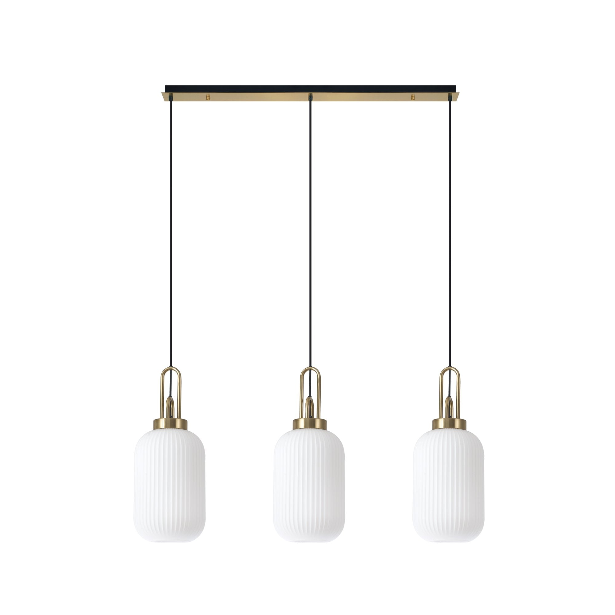 Fabula Springfield 3 Light Linear Pendant - 20cm Tubular Ribbed Glass Shades - Brass Gold & Opal Glass