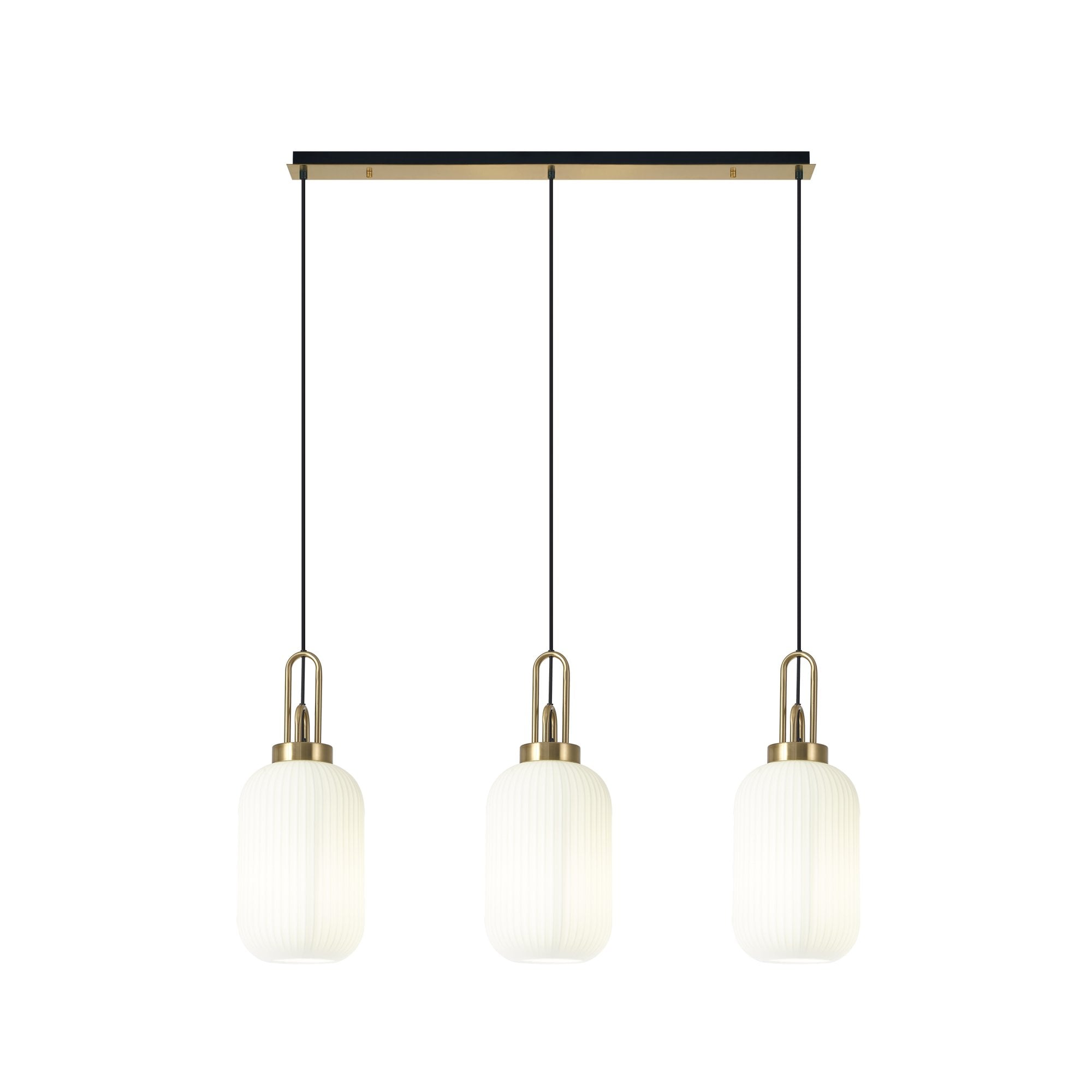 Fabula Springfield 3 Light Linear Pendant - 20cm Tubular Ribbed Glass Shades - Brass Gold & Opal Glass