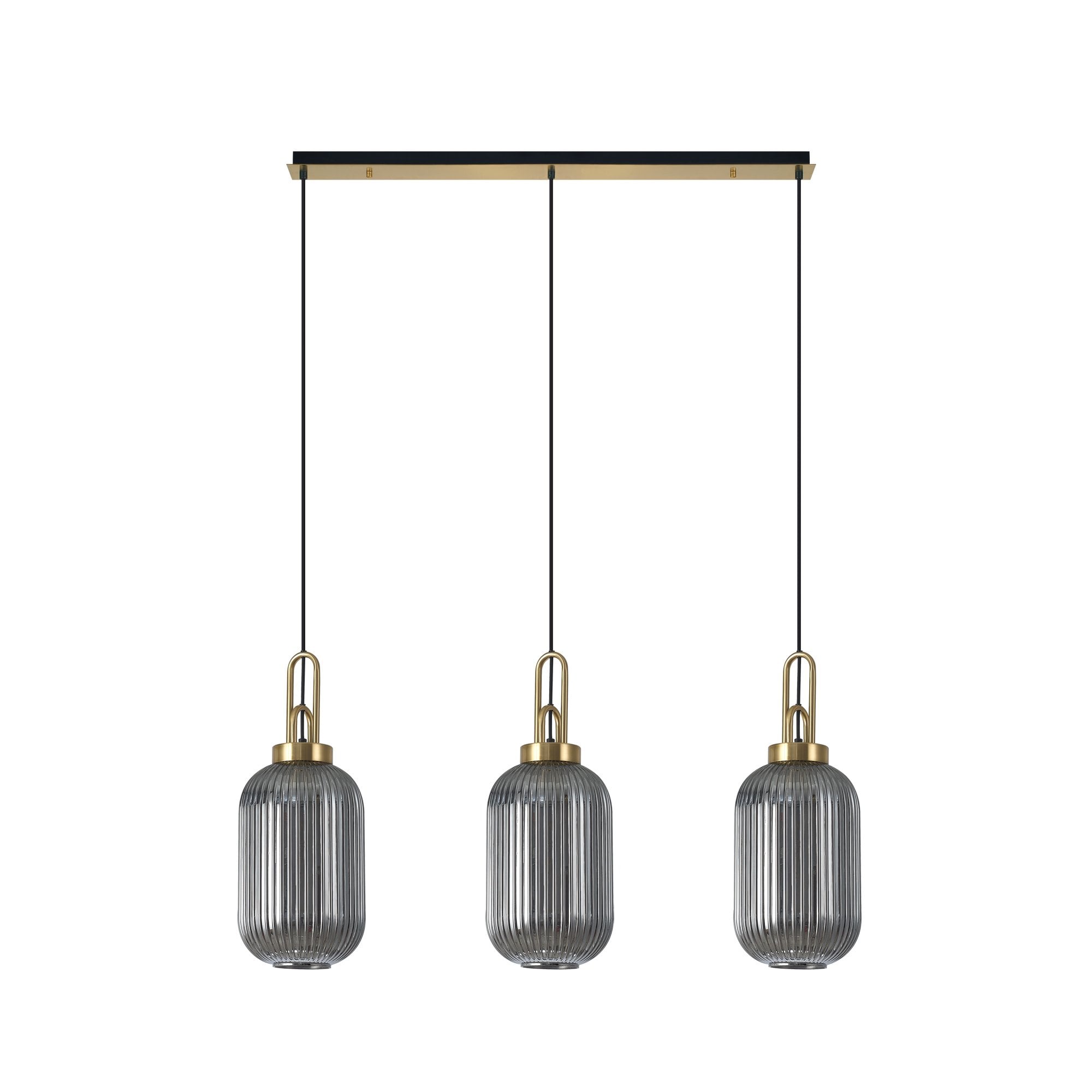 Fabula Springfield 3 Light Linear Pendant - 20cm Tubular Ribbed Glass Shades - Brass Gold & Smoked Glass