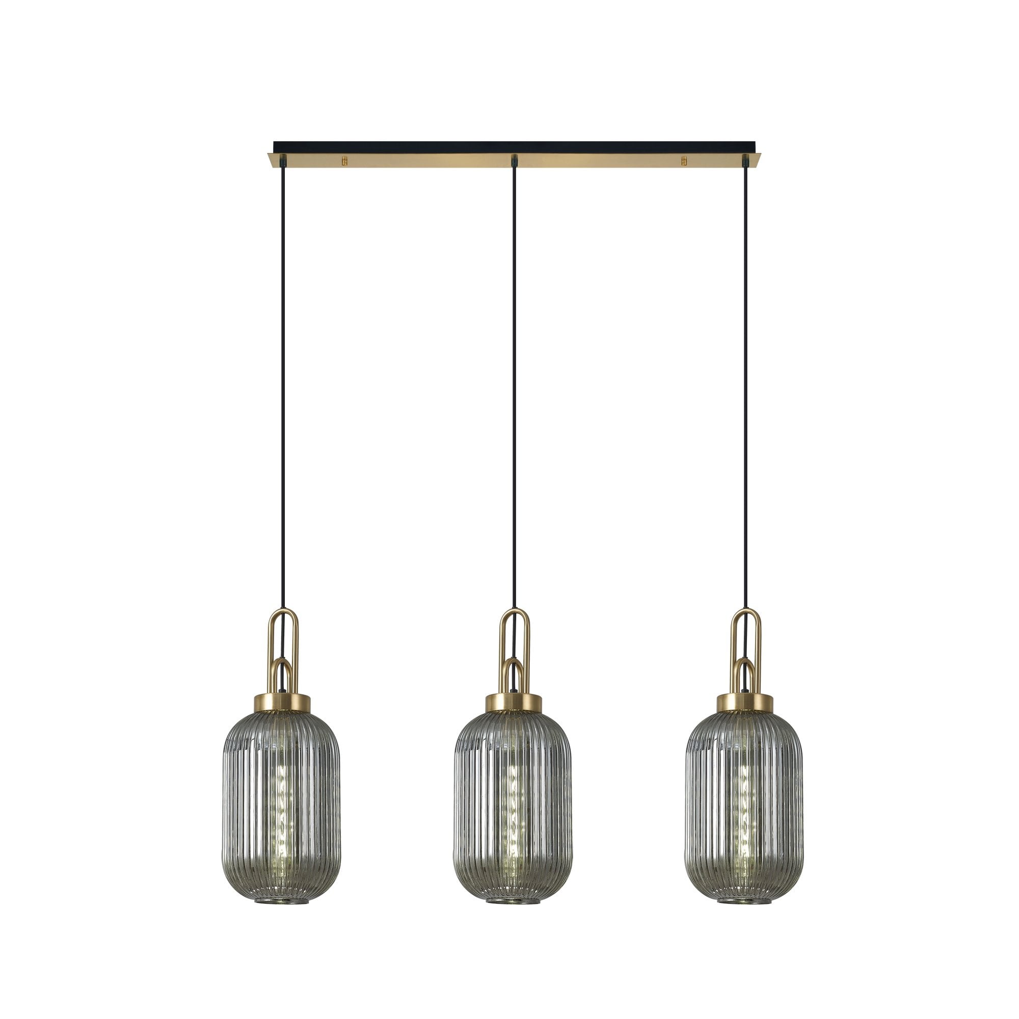 Fabula Springfield 3 Light Linear Pendant - 20cm Tubular Ribbed Glass Shades - Brass Gold & Smoked Glass