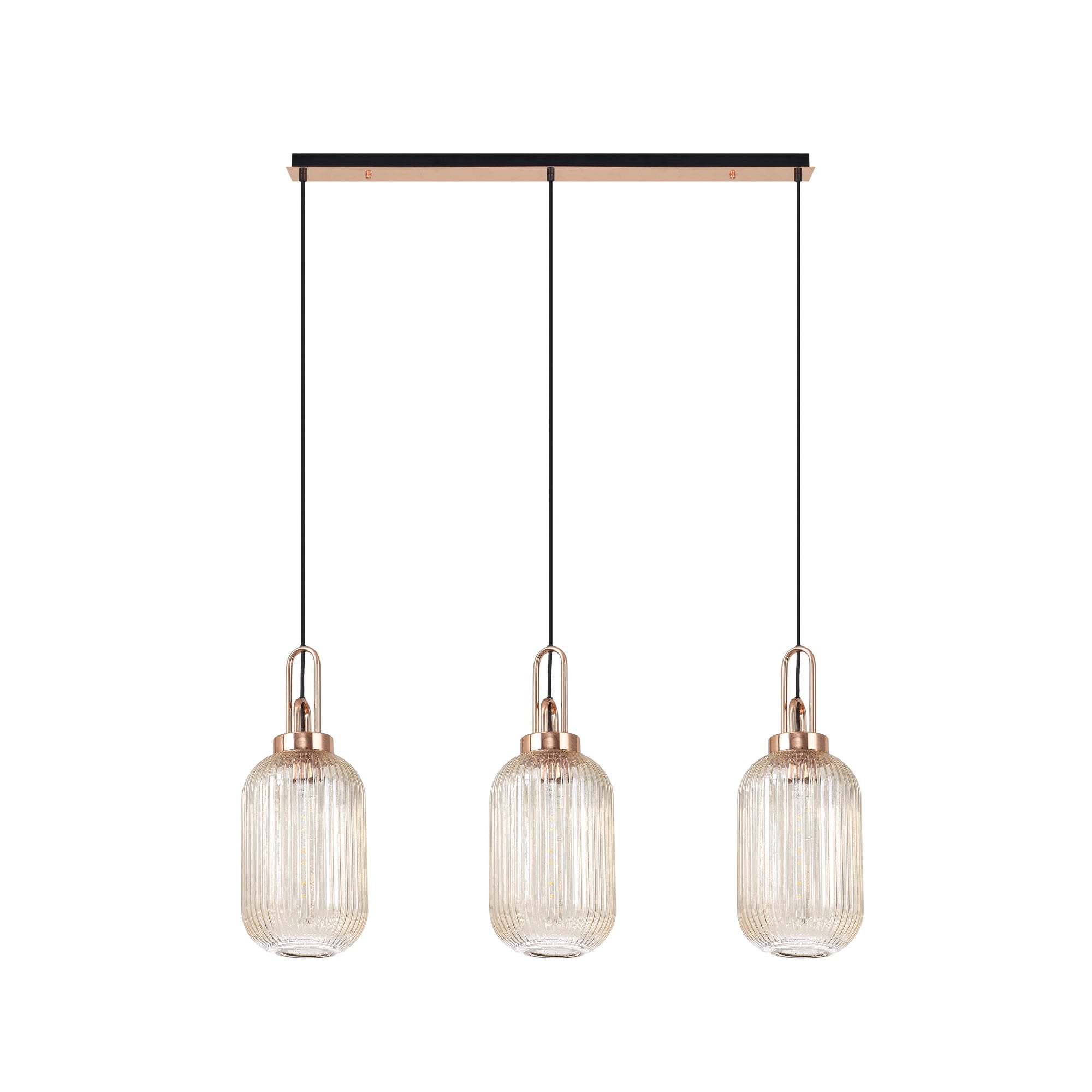 Fabula Springfield 3 Light Linear Pendant - 20cm Tubular Ribbed Glass Shades - Copper & Champagne Glass