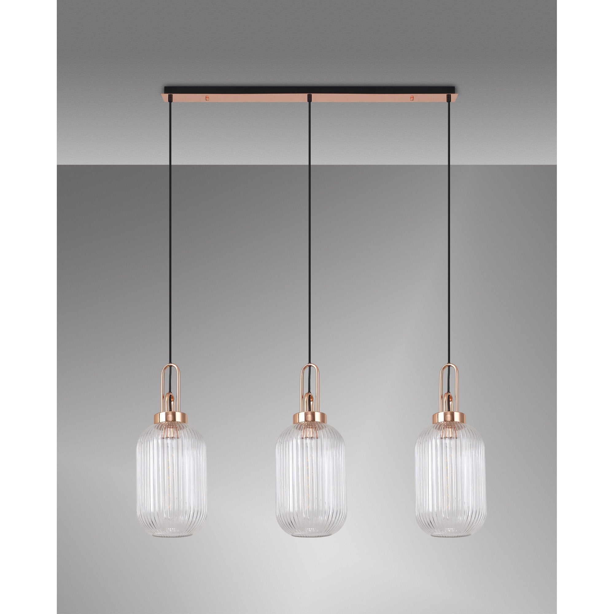Fabula Springfield 3 Light Linear Pendant - 20cm Tubular Ribbed Glass Shades - Copper & Clear Glass