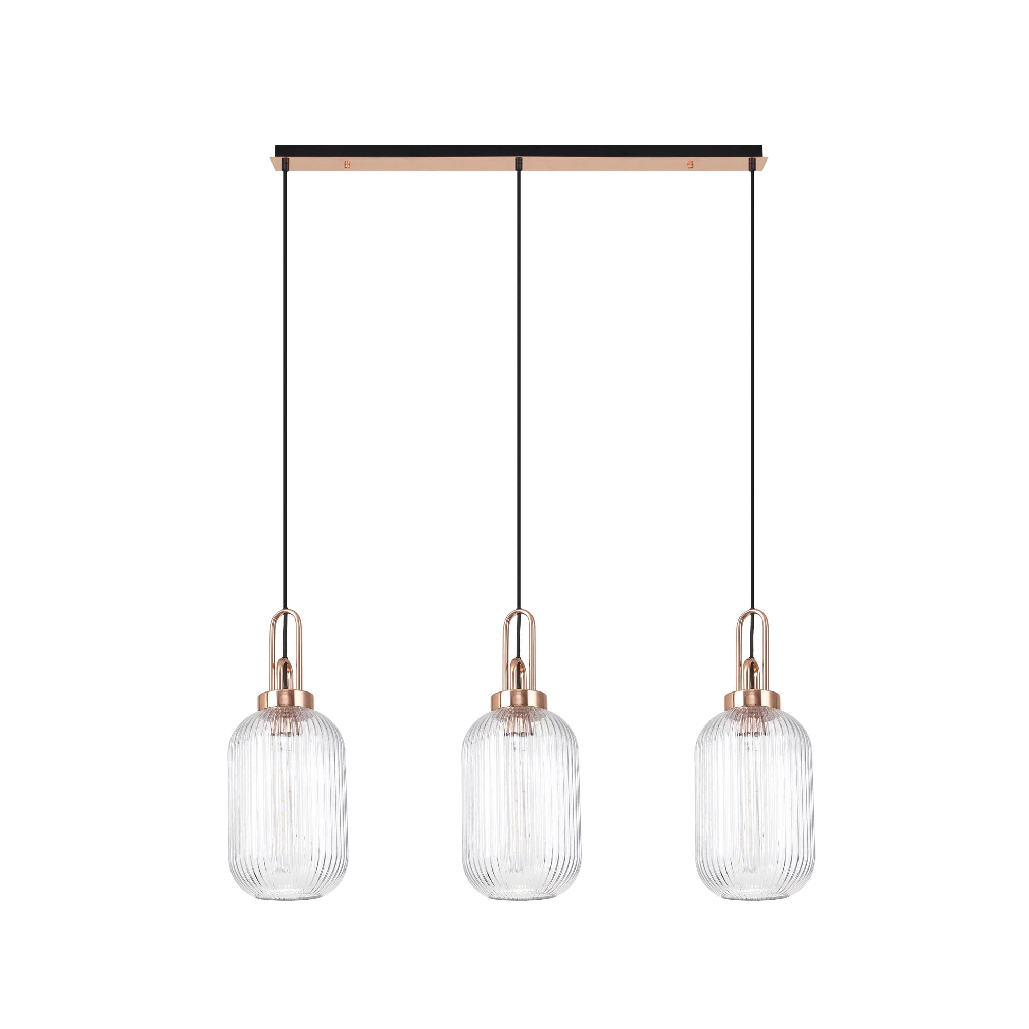 Fabula Springfield 3 Light Linear Pendant - 20cm Tubular Ribbed Glass Shades - Copper & Clear Glass