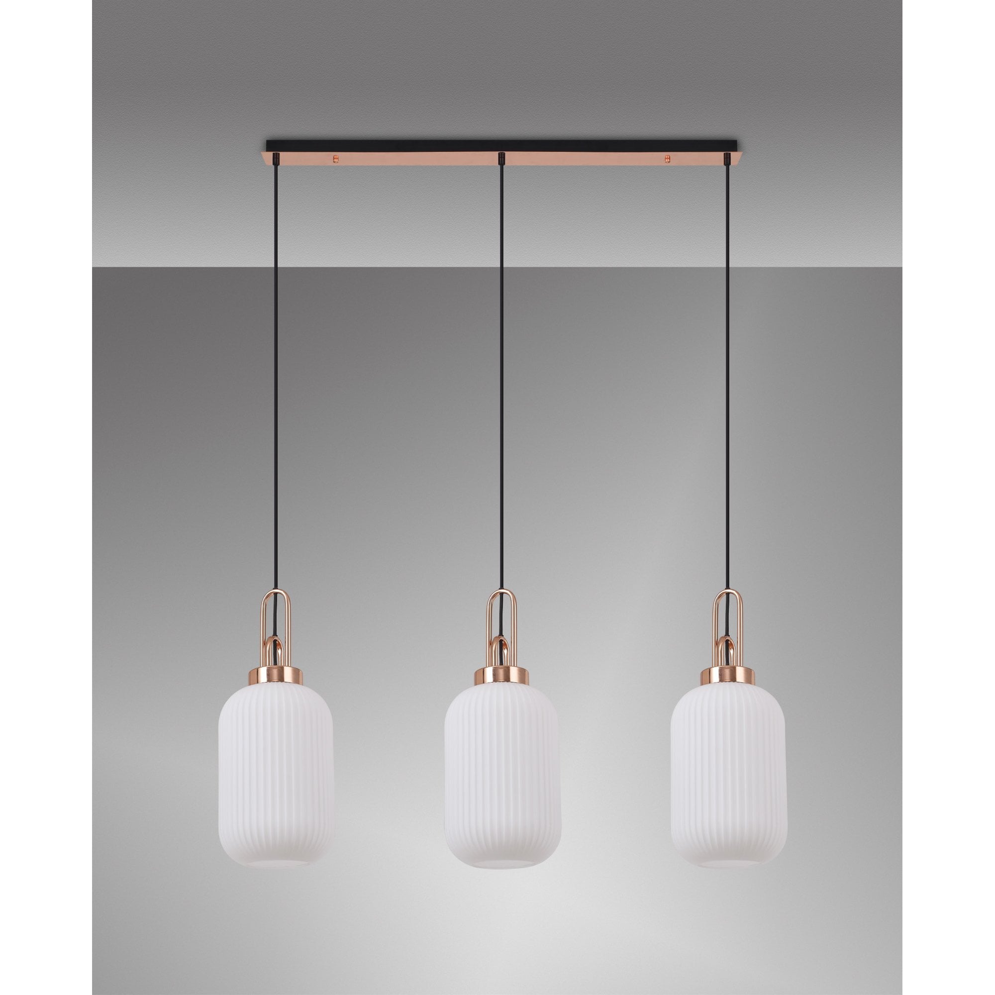 Fabula Springfield 3 Light Linear Pendant - 20cm Tubular Ribbed Glass Shades - Copper & Opal Glass