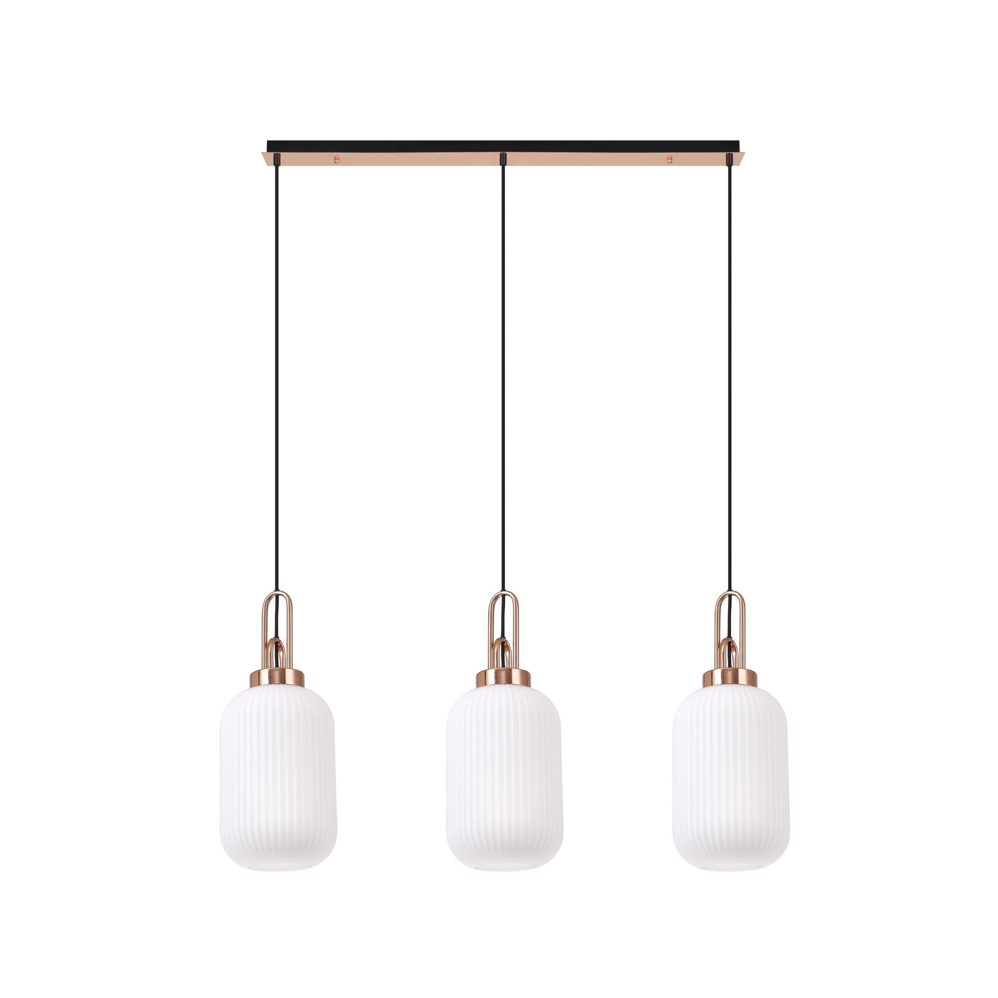 Fabula Springfield 3 Light Linear Pendant - 20cm Tubular Ribbed Glass Shades - Copper & Opal Glass