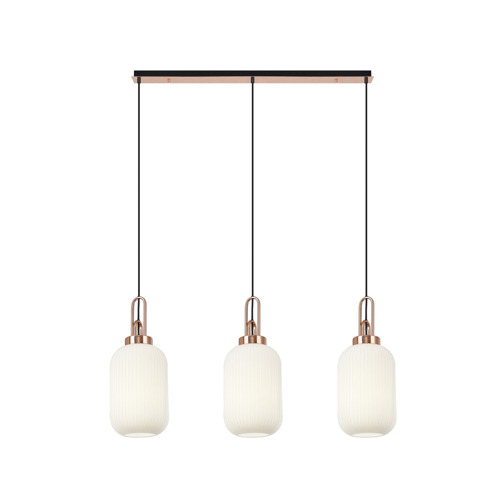 Fabula Springfield 3 Light Linear Pendant - 20cm Tubular Ribbed Glass Shades - Copper & Opal Glass