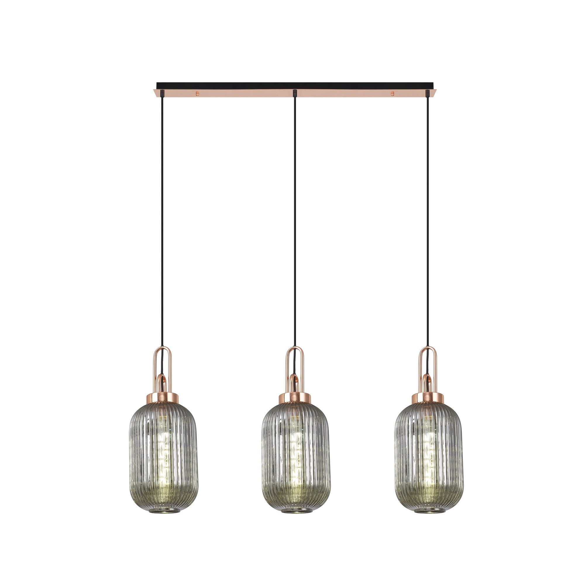 Fabula Springfield 3 Light Linear Pendant - 20cm Tubular Ribbed Glass Shades - Copper & Smoked Glass