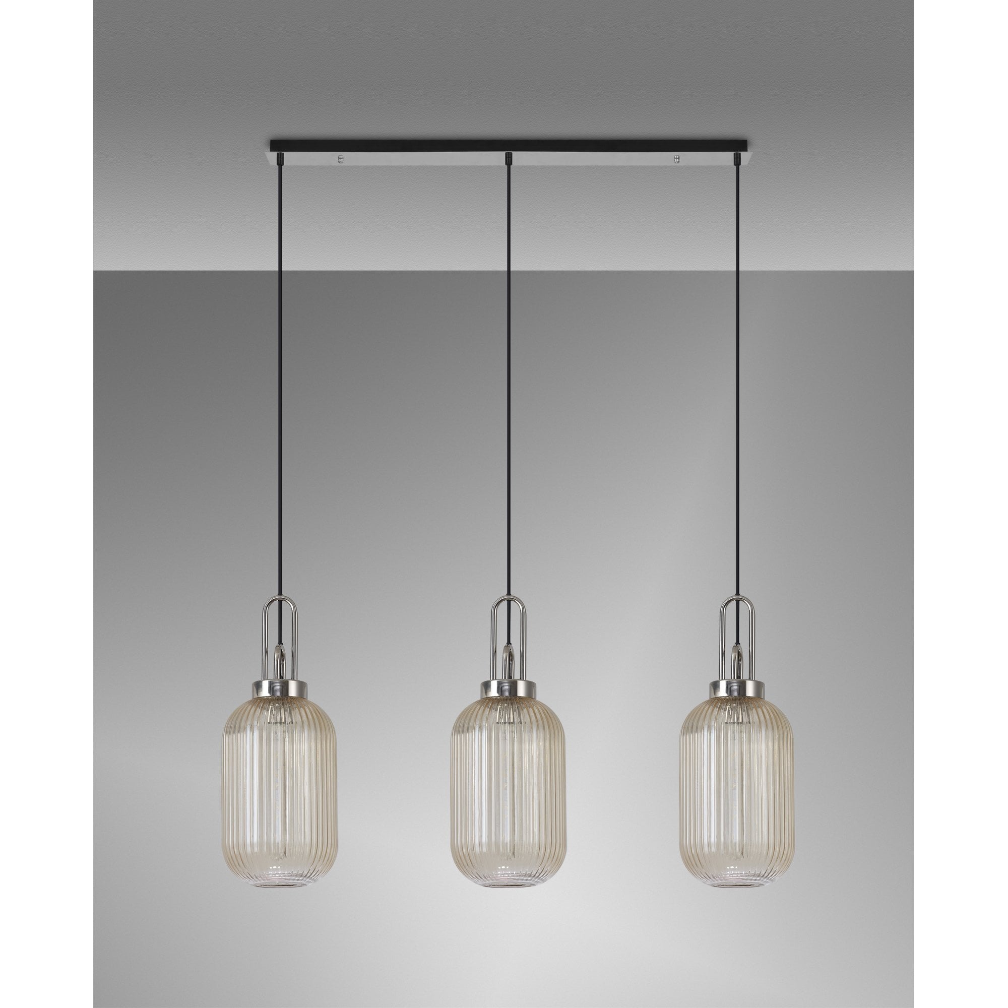 Fabula Springfield 3 Light Linear Pendant - 20cm Tubular Ribbed Glass Shades - Polished Nickel & Champagne Glass