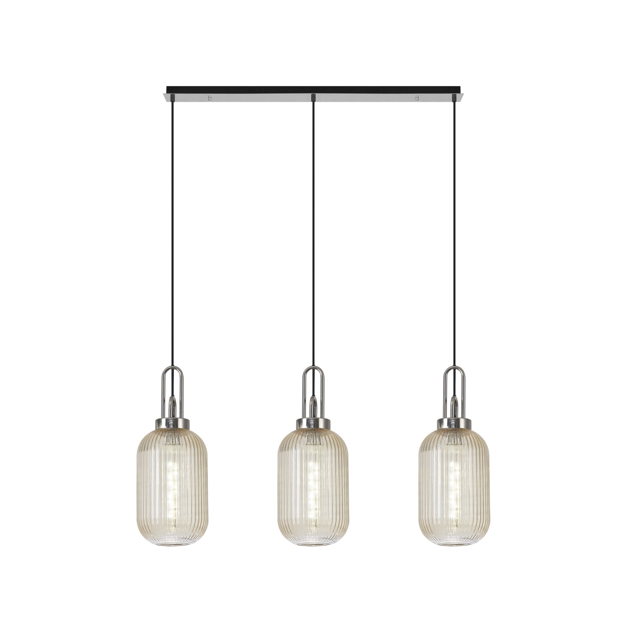 Fabula Springfield 3 Light Linear Pendant - 20cm Tubular Ribbed Glass Shades - Polished Nickel & Champagne Glass