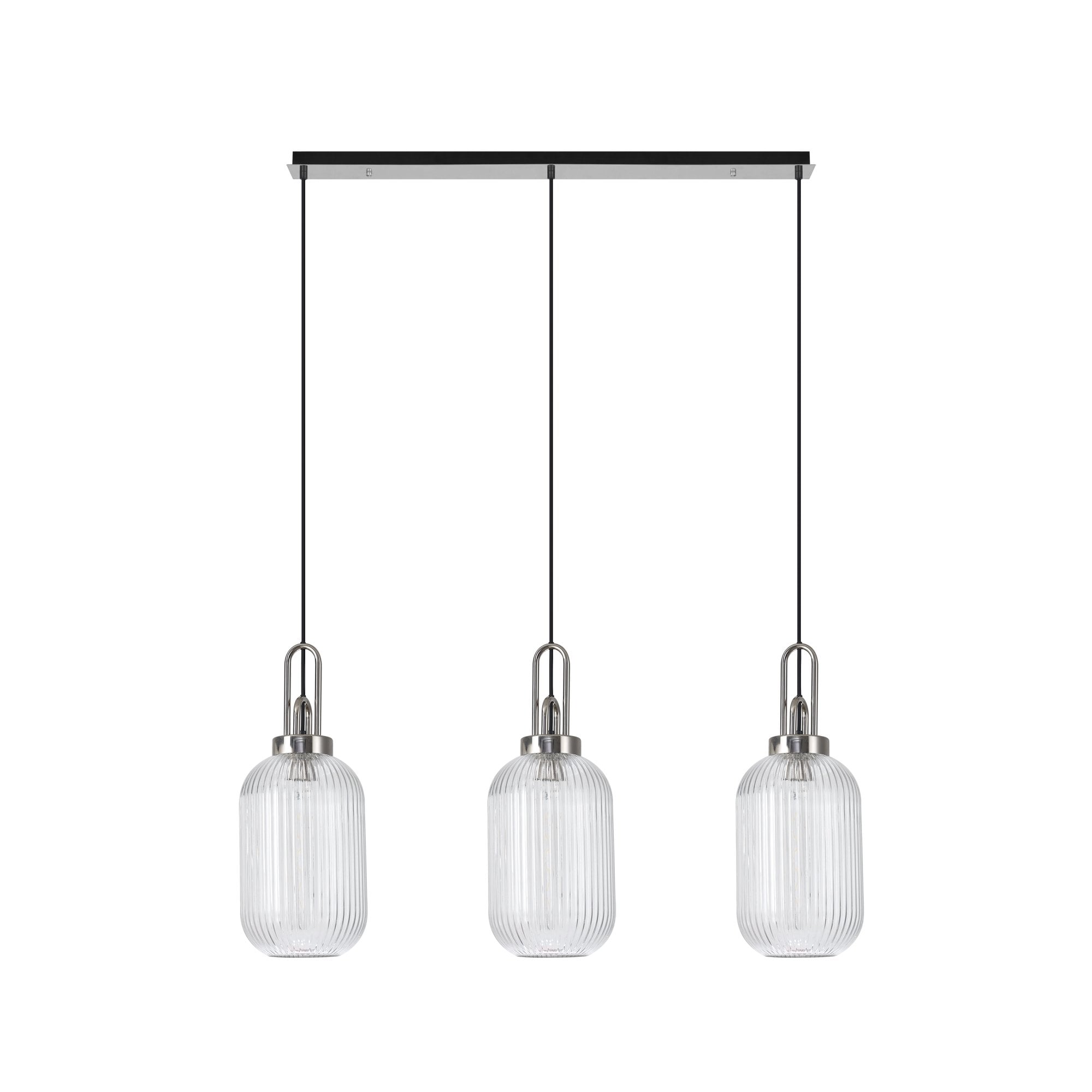 Fabula Springfield 3 Light Linear Pendant - 20cm Tubular Ribbed Glass Shades - Polished Nickel & Clear Glass