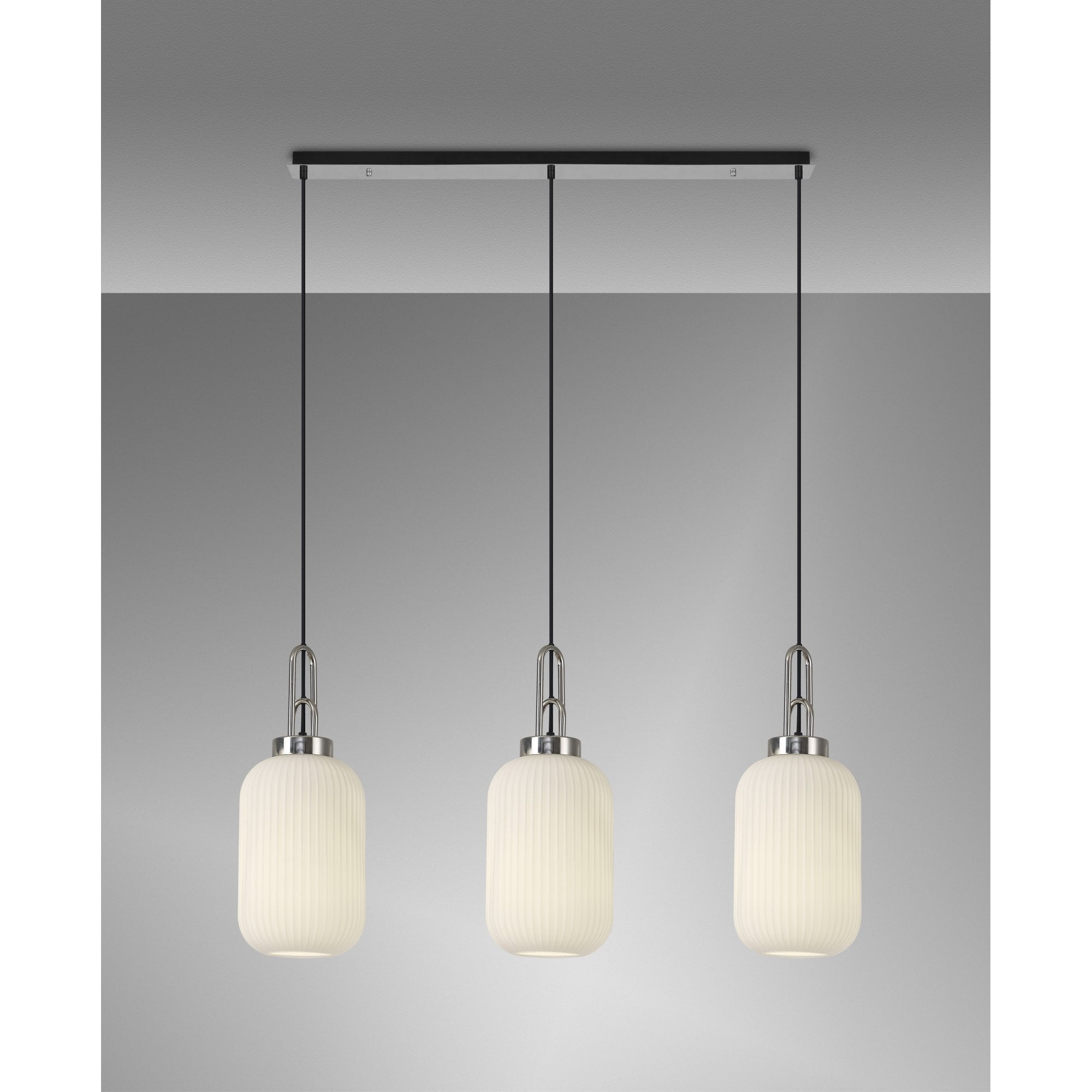 Fabula Springfield 3 Light Linear Pendant - 20cm Tubular Ribbed Glass Shades - Polished Nickel & Opal Glass