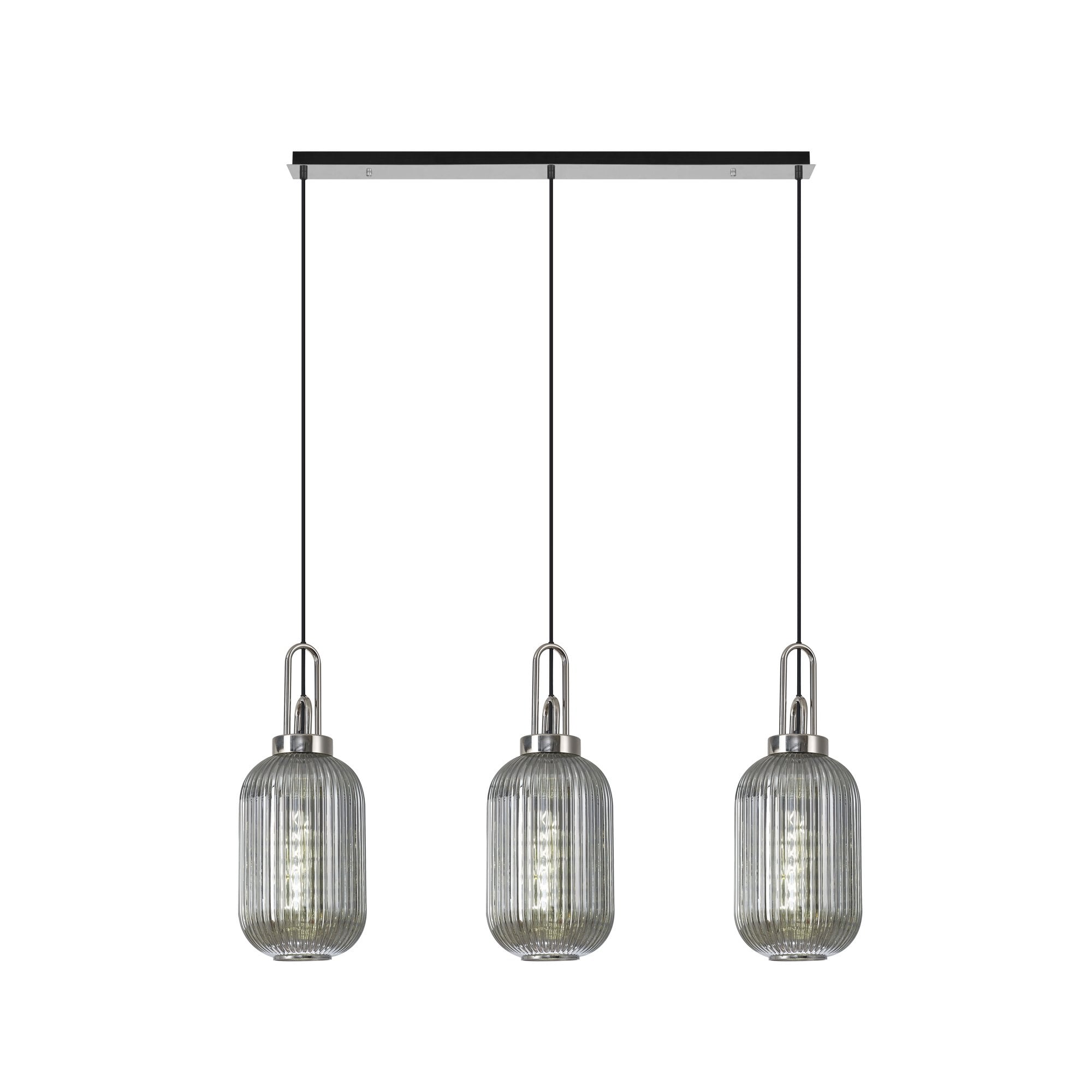 Fabula Springfield 3 Light Linear Pendant - 20cm Tubular Ribbed Glass Shades - Polished Nickel & Smoked Glass
