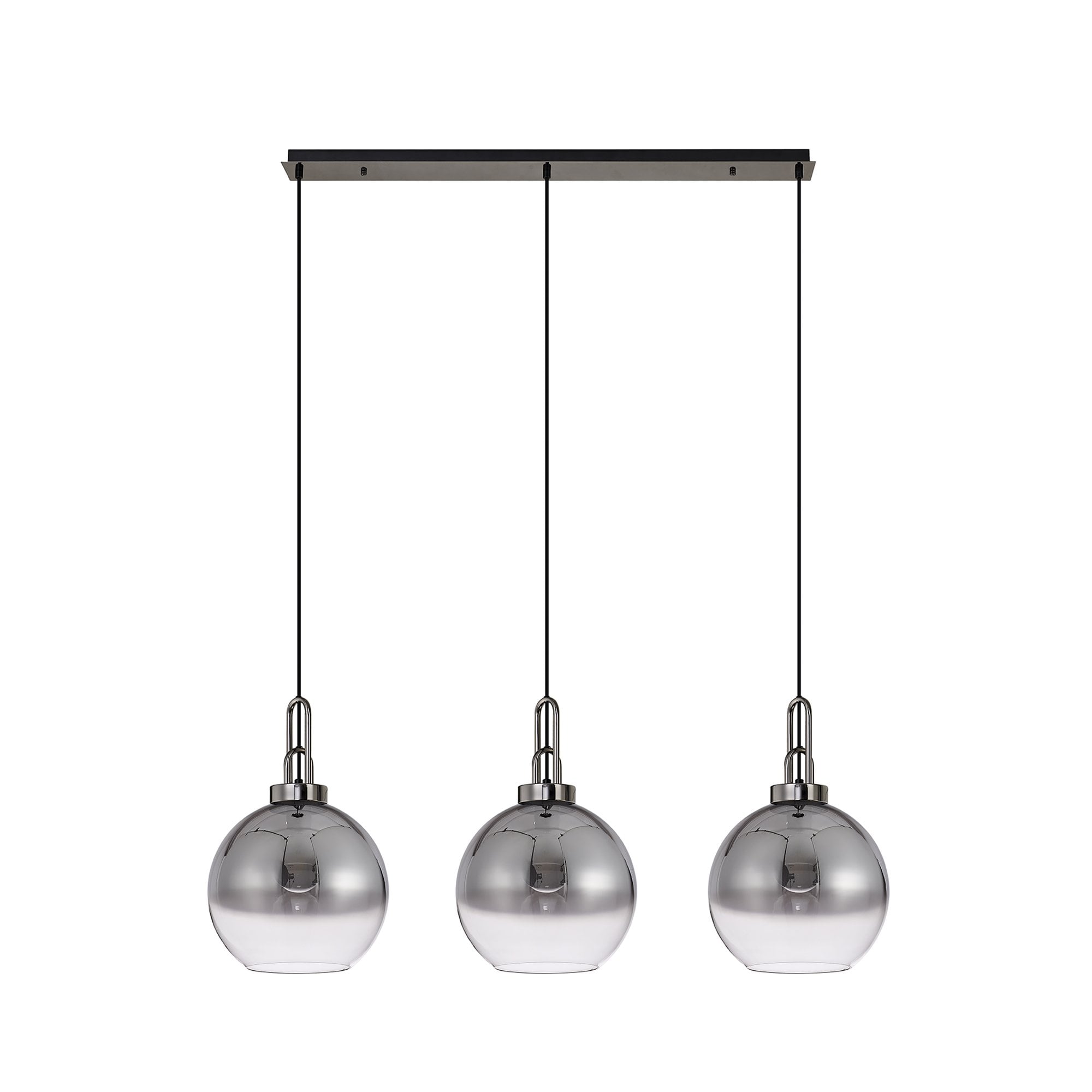 Fabula Springfield 3 Light Linear Pendant - 30cm Globe Glass Shades - Black Chrome & Smoked Fade Glass