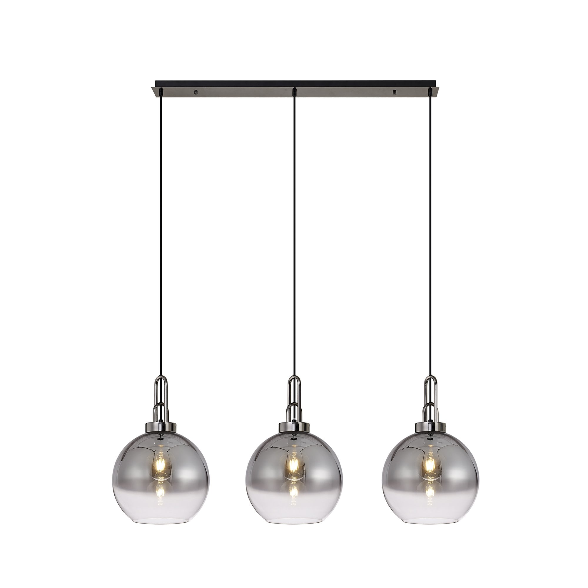 Fabula Springfield 3 Light Linear Pendant - 30cm Globe Glass Shades - Black Chrome & Smoked Fade Glass