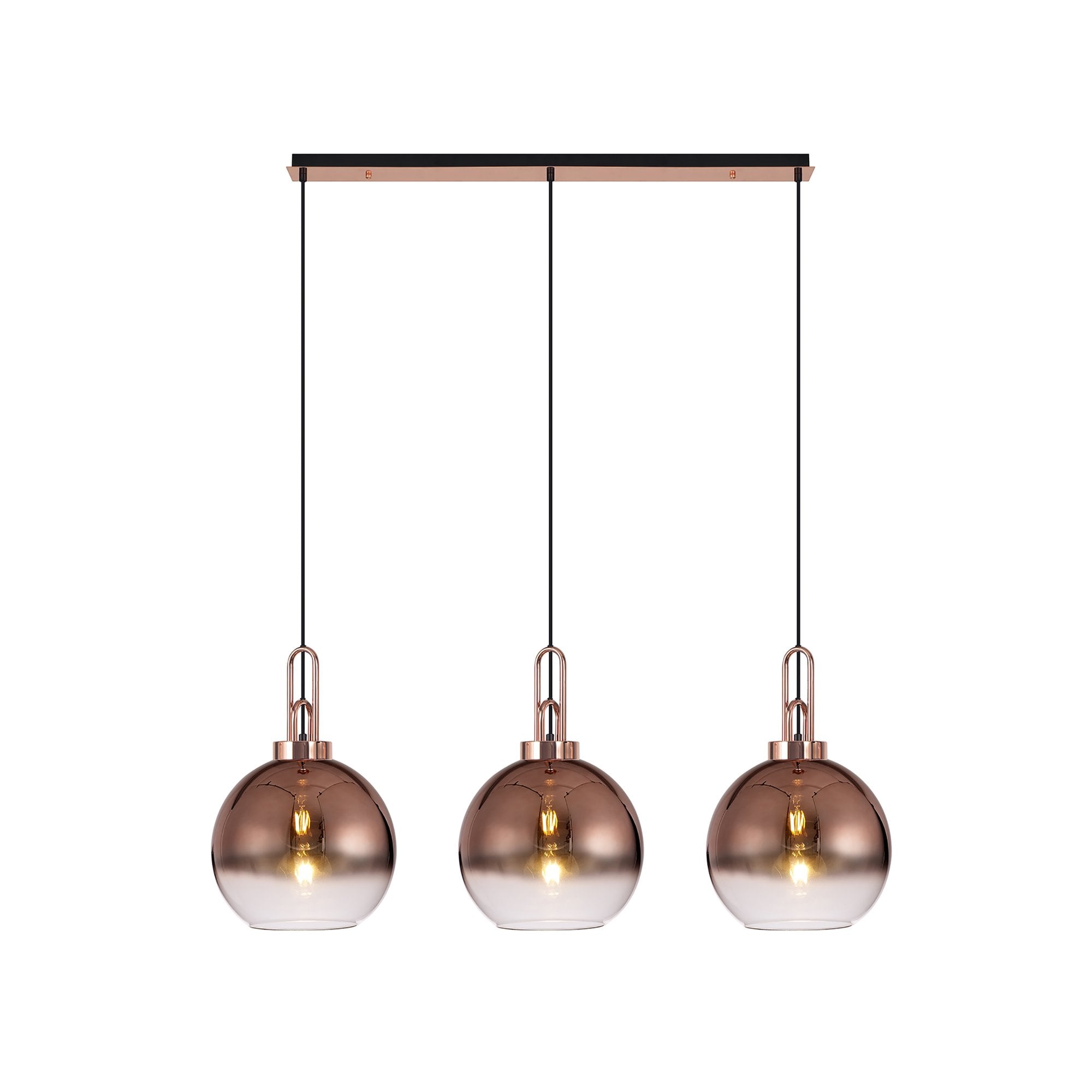 Fabula Springfield 3 Light Linear Pendant - 30cm Globe Glass Shades - Copper & Copper Fade Glass
