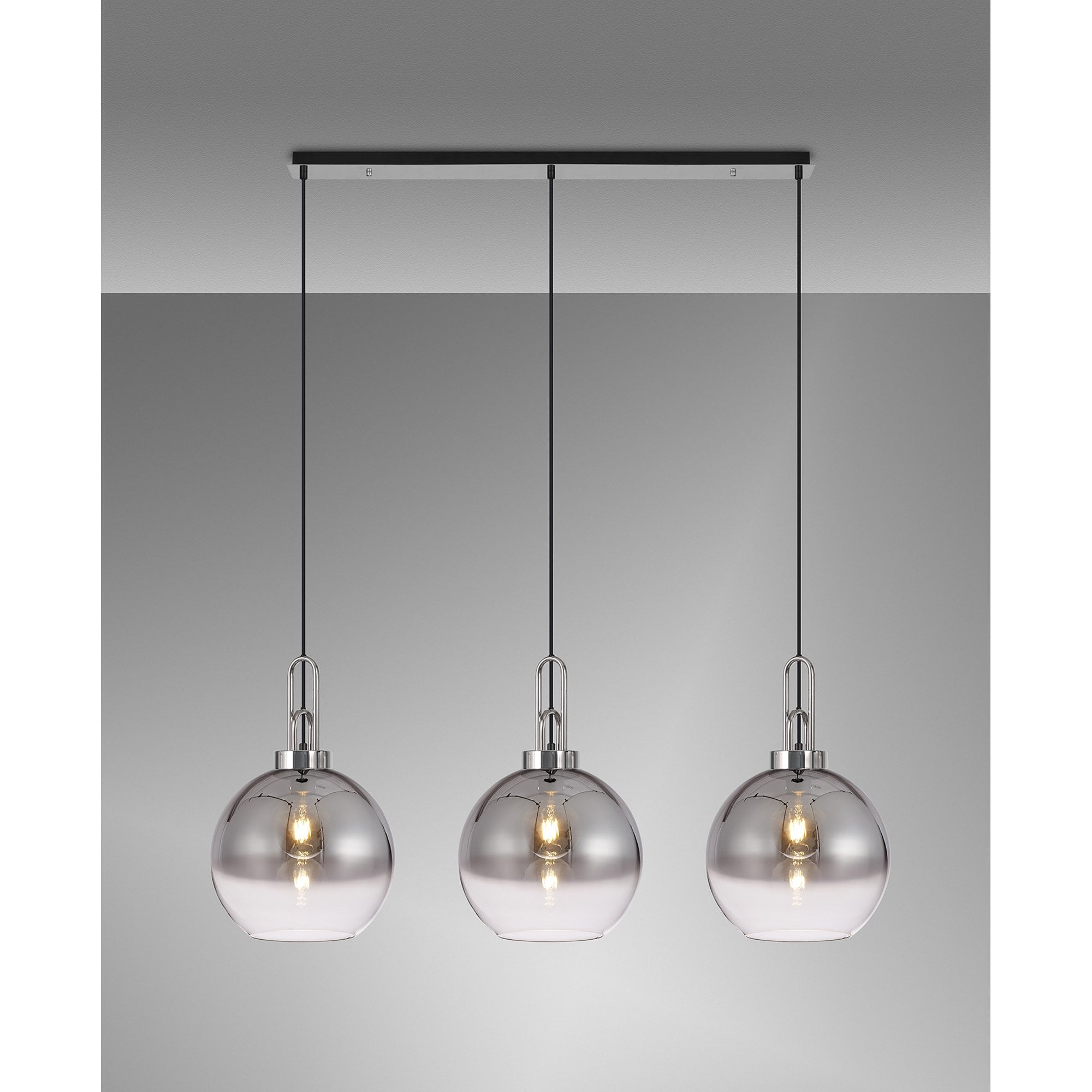 Fabula Springfield 3 Light Linear Pendant - 30cm Globe Glass Shades - Polished Nickel & Smoked Fade Glass
