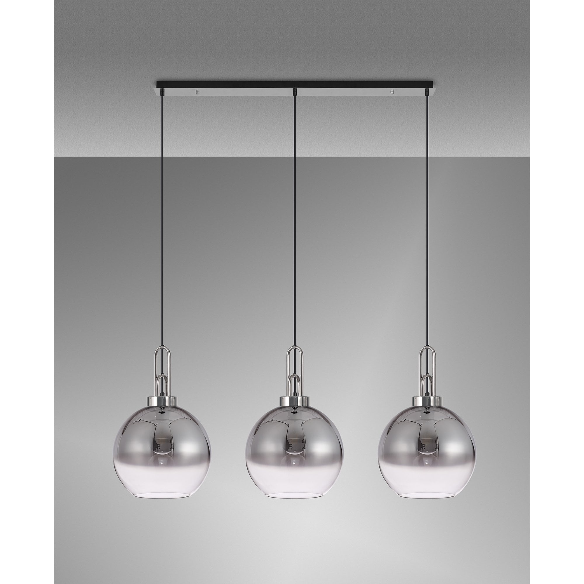 Fabula Springfield 3 Light Linear Pendant - 30cm Globe Glass Shades - Polished Nickel & Smoked Fade Glass