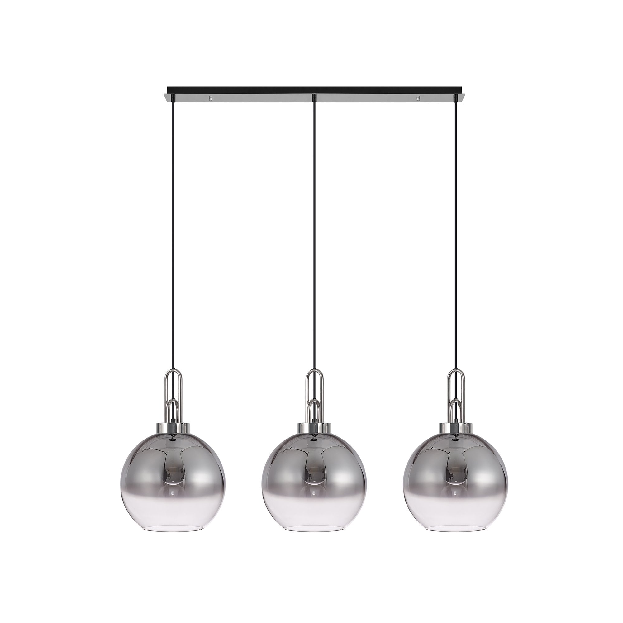 Fabula Springfield 3 Light Linear Pendant - 30cm Globe Glass Shades - Polished Nickel & Smoked Fade Glass