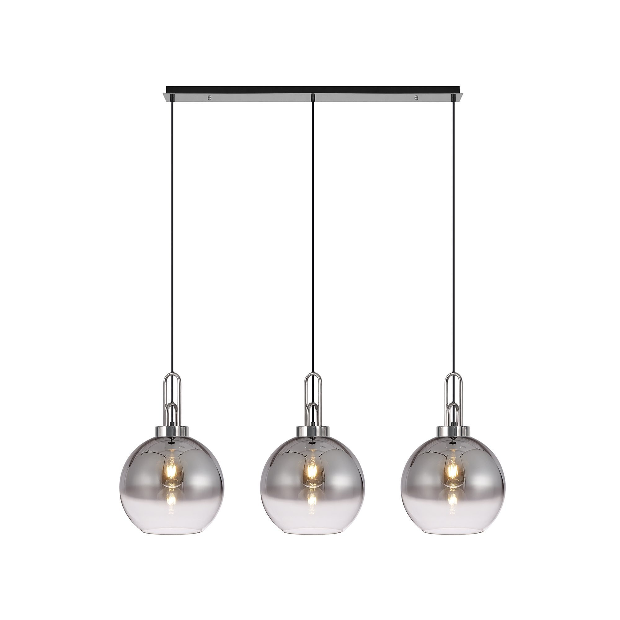 Fabula Springfield 3 Light Linear Pendant - 30cm Globe Glass Shades - Polished Nickel & Smoked Fade Glass
