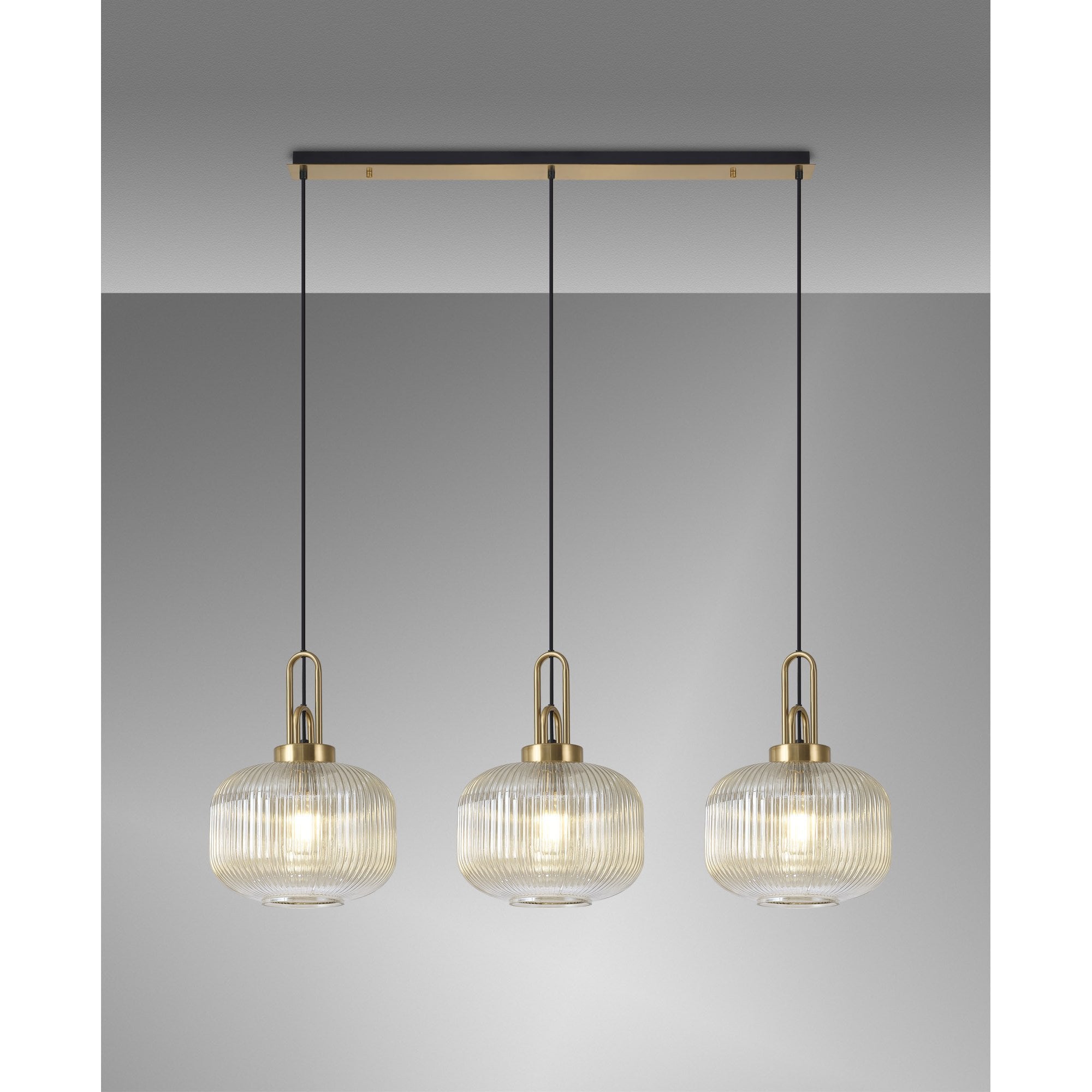 Fabula Springfield 3 Light Linear Pendant - 30cm Pumpkin Shaped Ribbed Glass Shades - Black Chrome & Champagne Glass