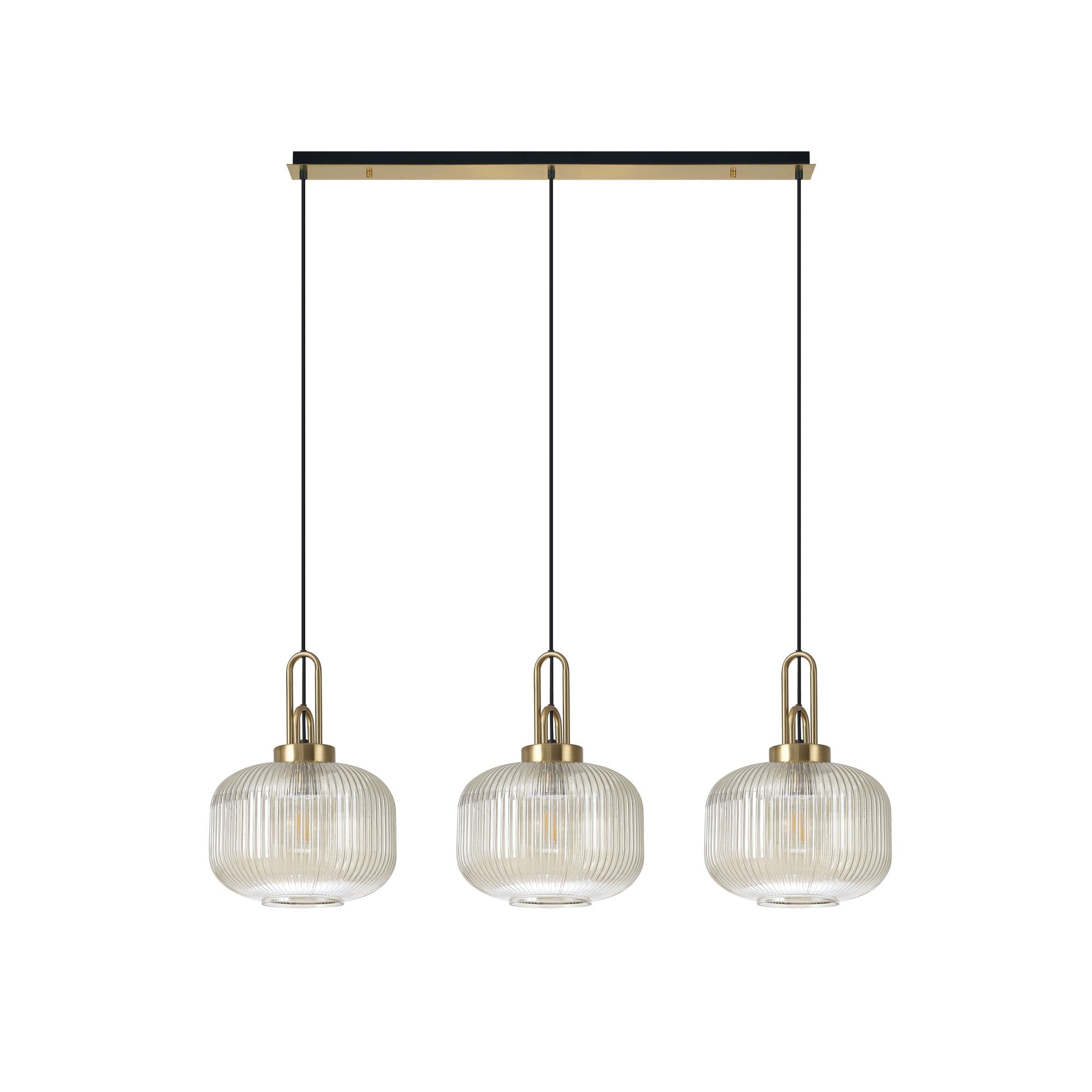 Fabula Springfield 3 Light Linear Pendant - 30cm Pumpkin Shaped Ribbed Glass Shades - Black Chrome & Champagne Glass