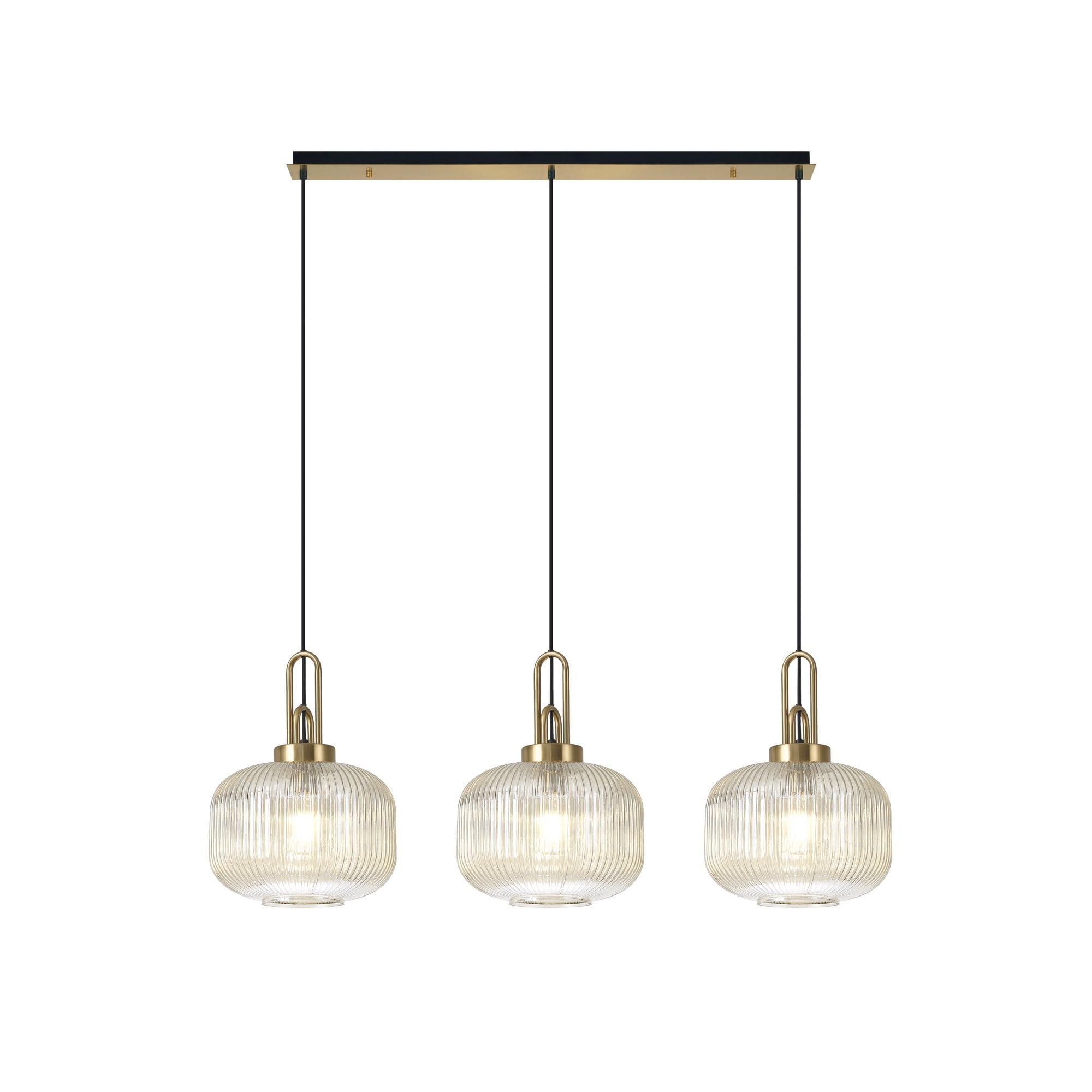 Fabula Springfield 3 Light Linear Pendant - 30cm Pumpkin Shaped Ribbed Glass Shades - Black Chrome & Champagne Glass