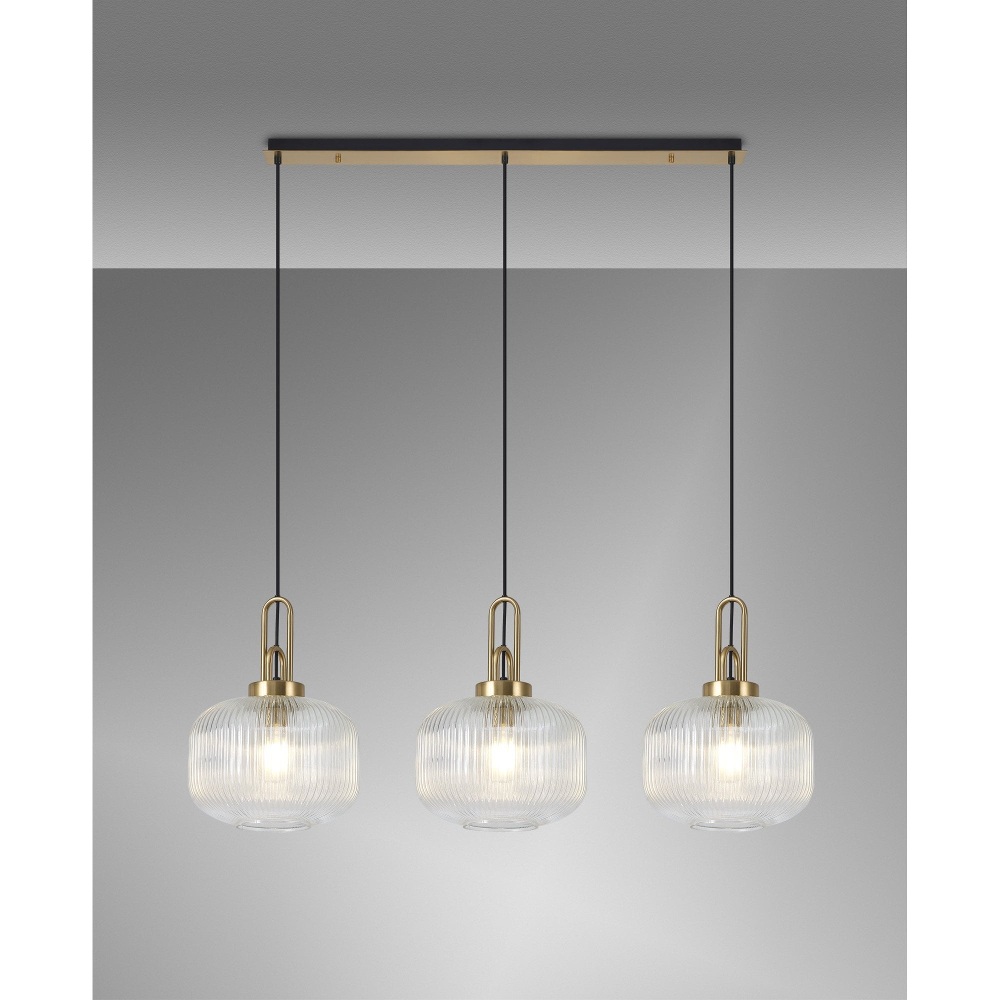 Fabula Springfield 3 Light Linear Pendant - 30cm Pumpkin Shaped Ribbed Glass Shades - Black Chrome & Clear Glass