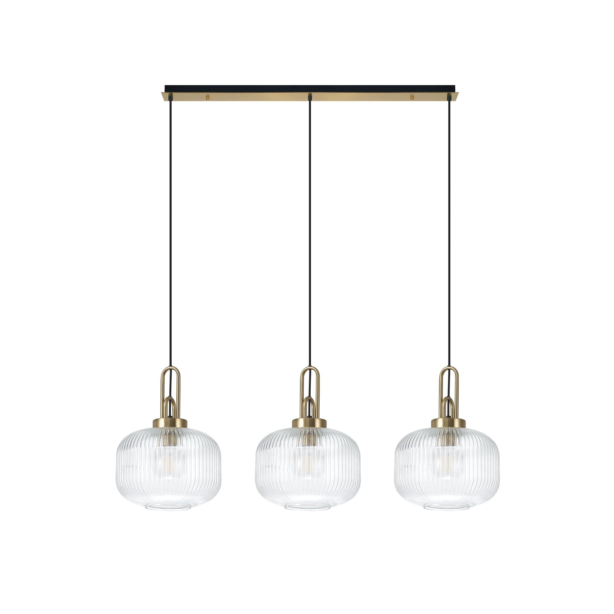 Fabula Springfield 3 Light Linear Pendant - 30cm Pumpkin Shaped Ribbed Glass Shades - Black Chrome & Clear Glass
