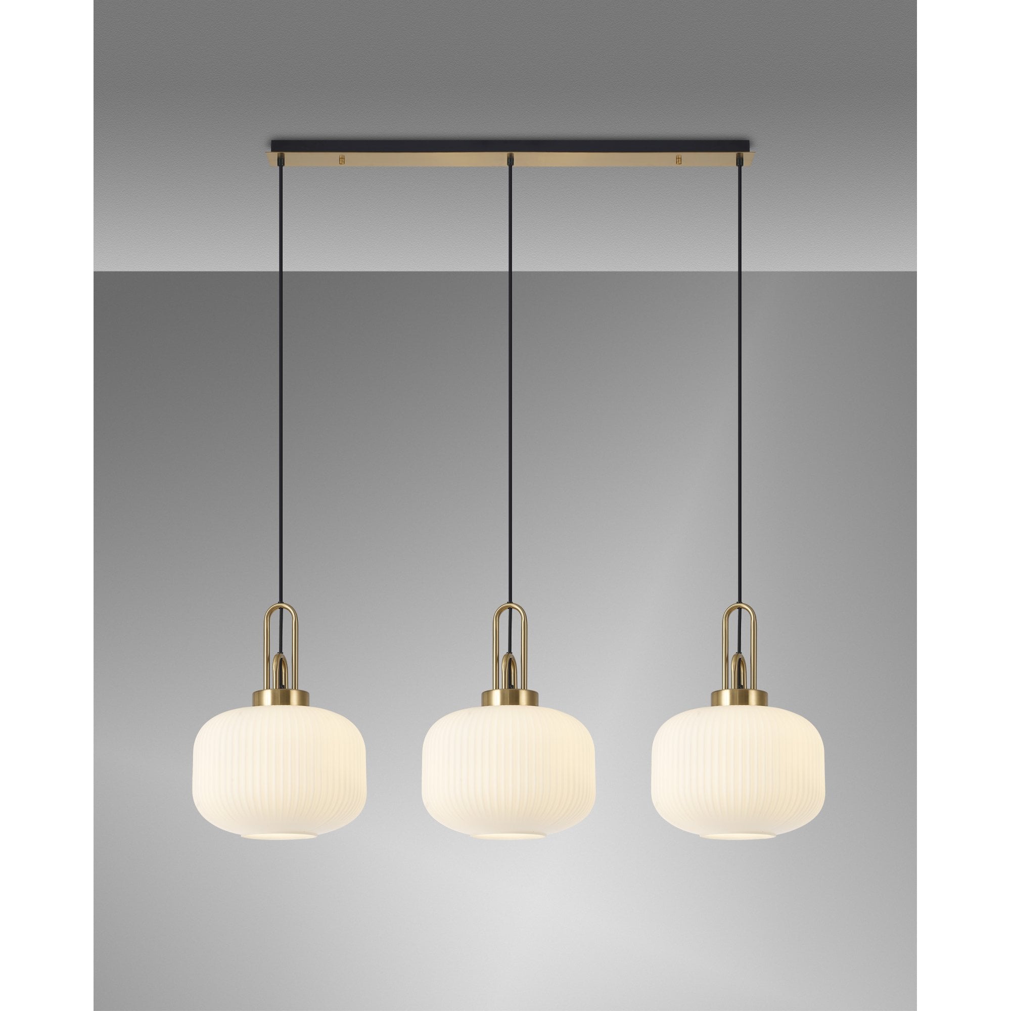 Fabula Springfield 3 Light Linear Pendant - 30cm Pumpkin Shaped Ribbed Glass Shades - Matt Black, Brass Gold & Opal Glass