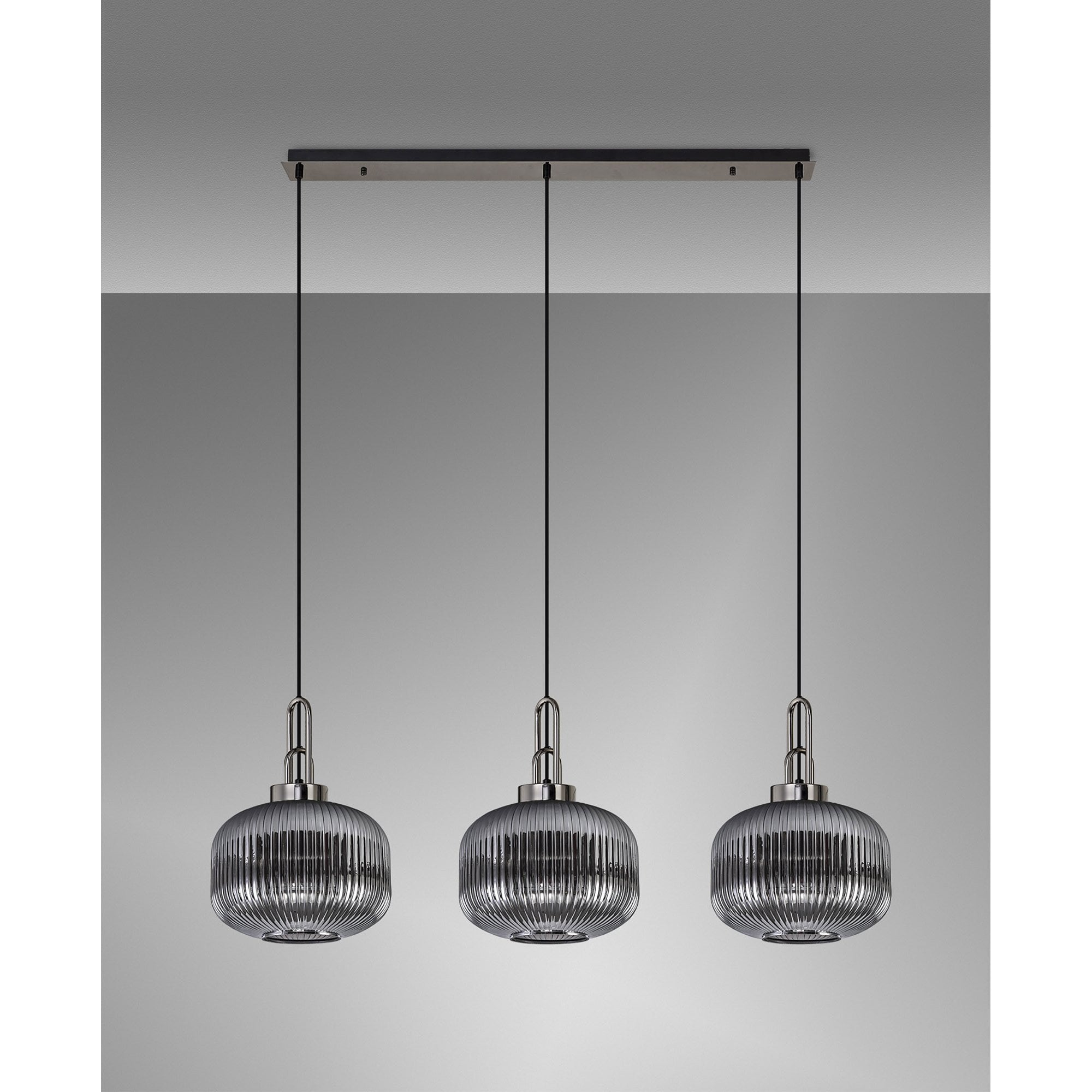 Fabula Springfield 3 Light Linear Pendant - 30cm Pumpkin Shaped Ribbed Glass Shades - Black Chrome & Smoked Glass