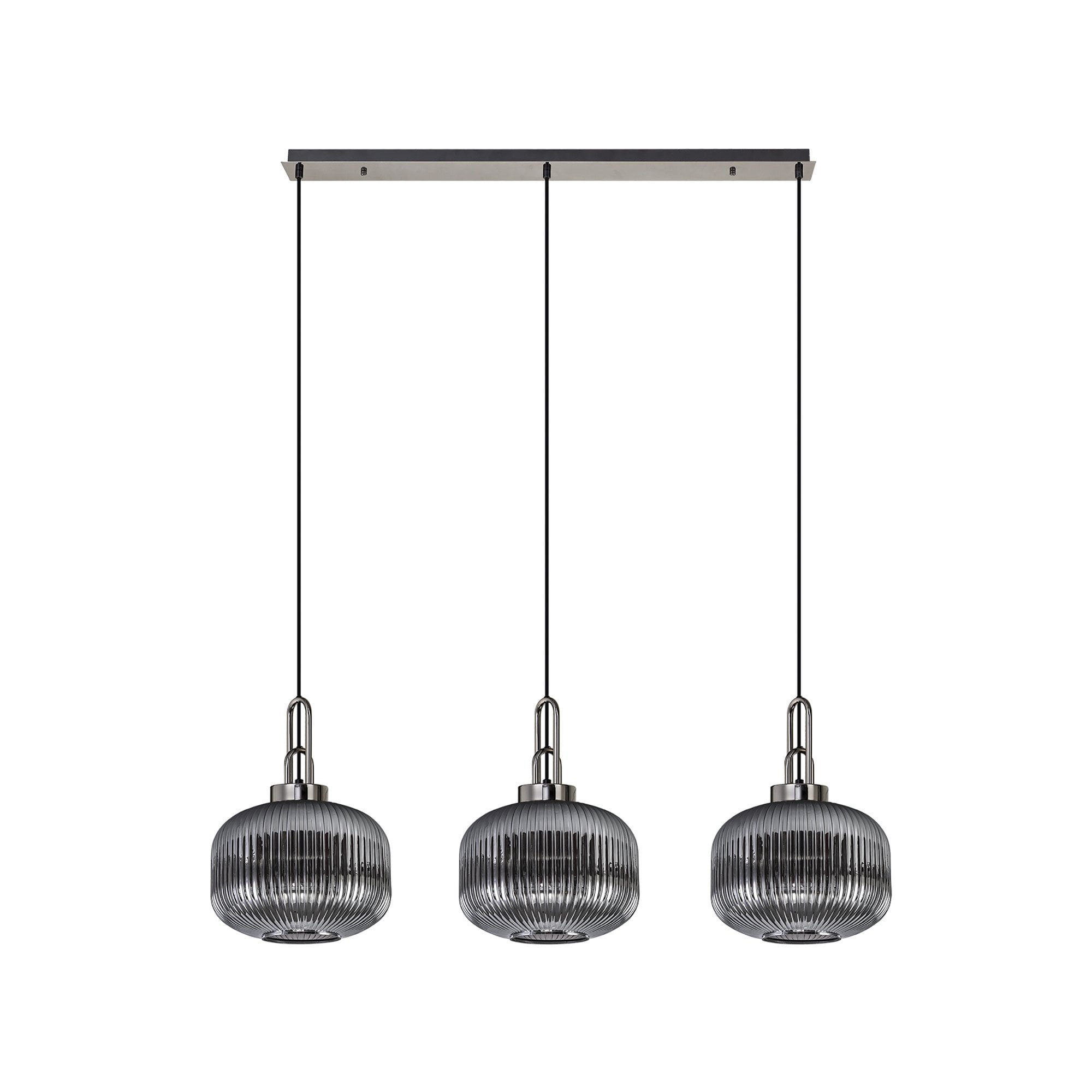 Fabula Springfield 3 Light Linear Pendant - 30cm Pumpkin Shaped Ribbed Glass Shades - Black Chrome & Smoked Glass