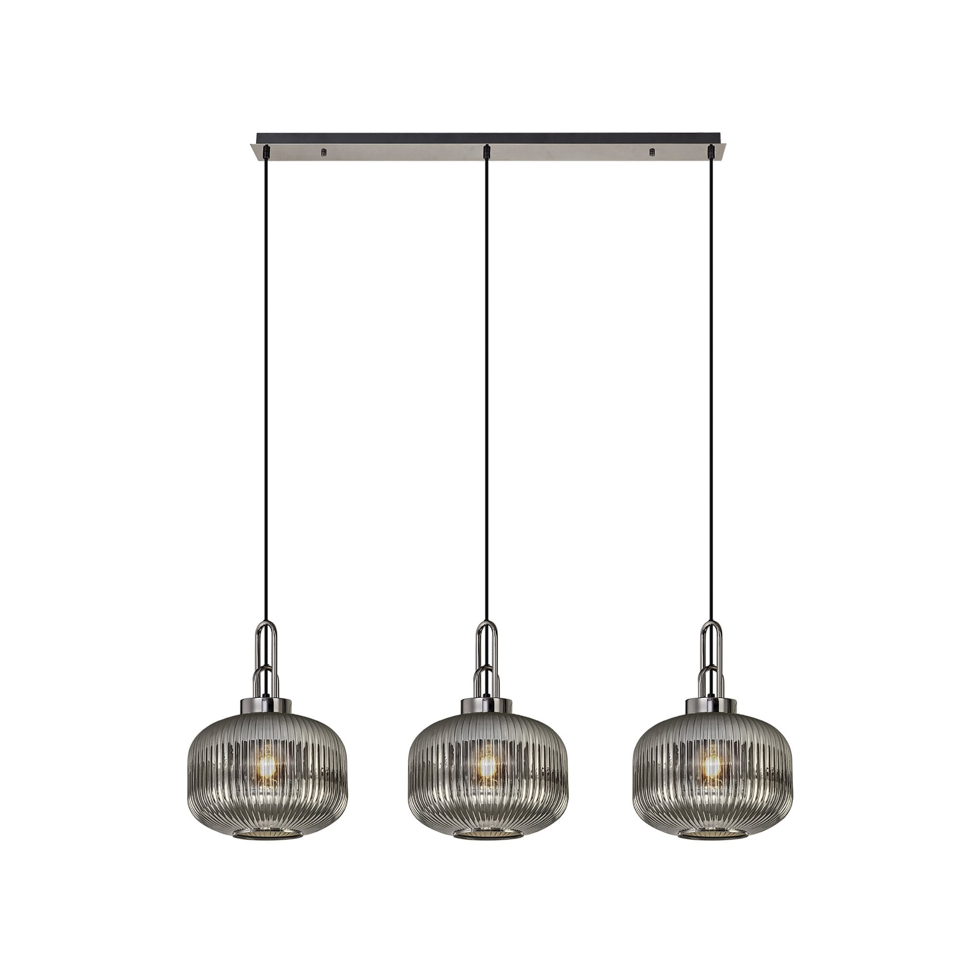 Fabula Springfield 3 Light Linear Pendant - 30cm Pumpkin Shaped Ribbed Glass Shades - Black Chrome & Smoked Glass