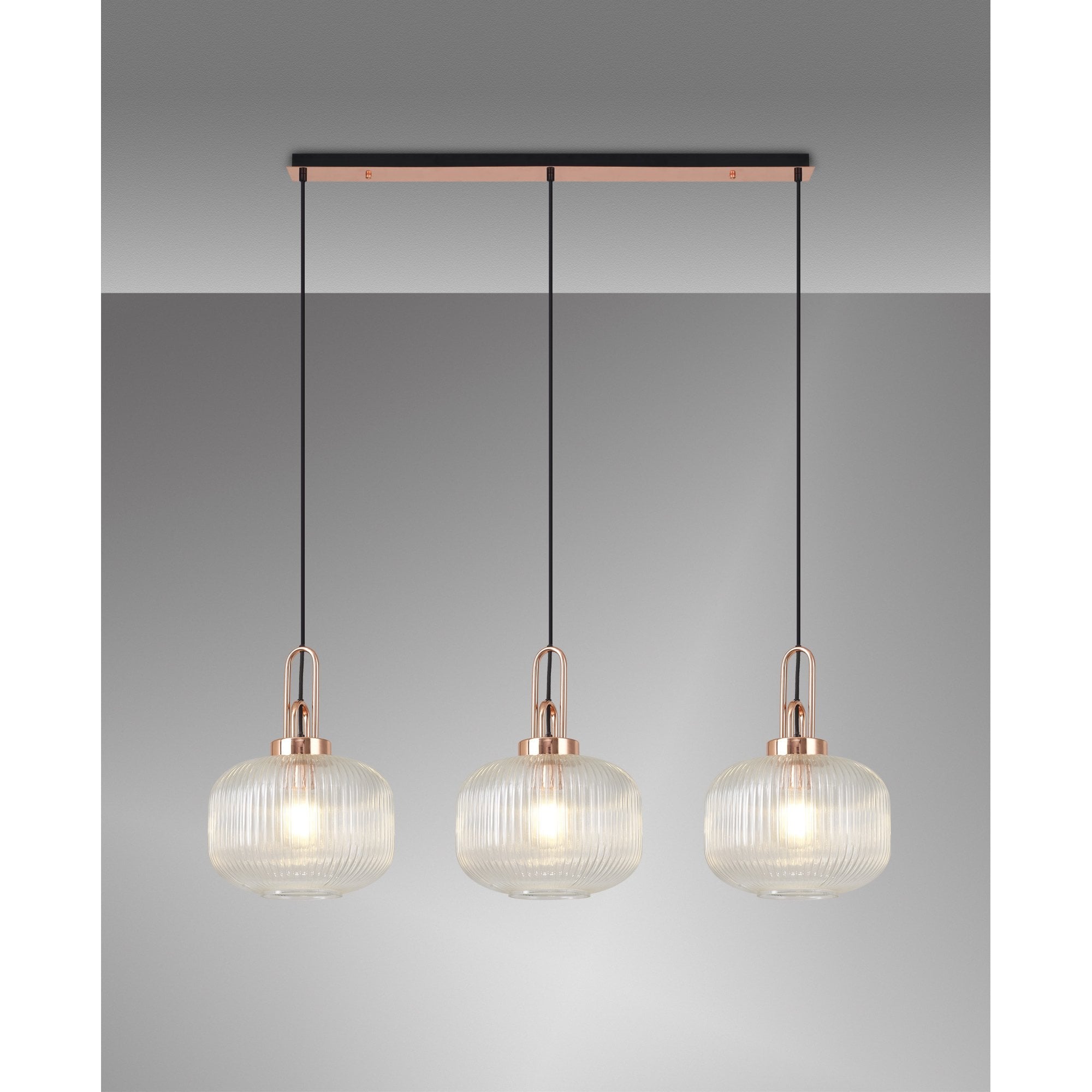 Fabula Springfield 3 Light Linear Pendant - 30cm Pumpkin Shaped Ribbed Glass Shades - Copper & Clear Glass