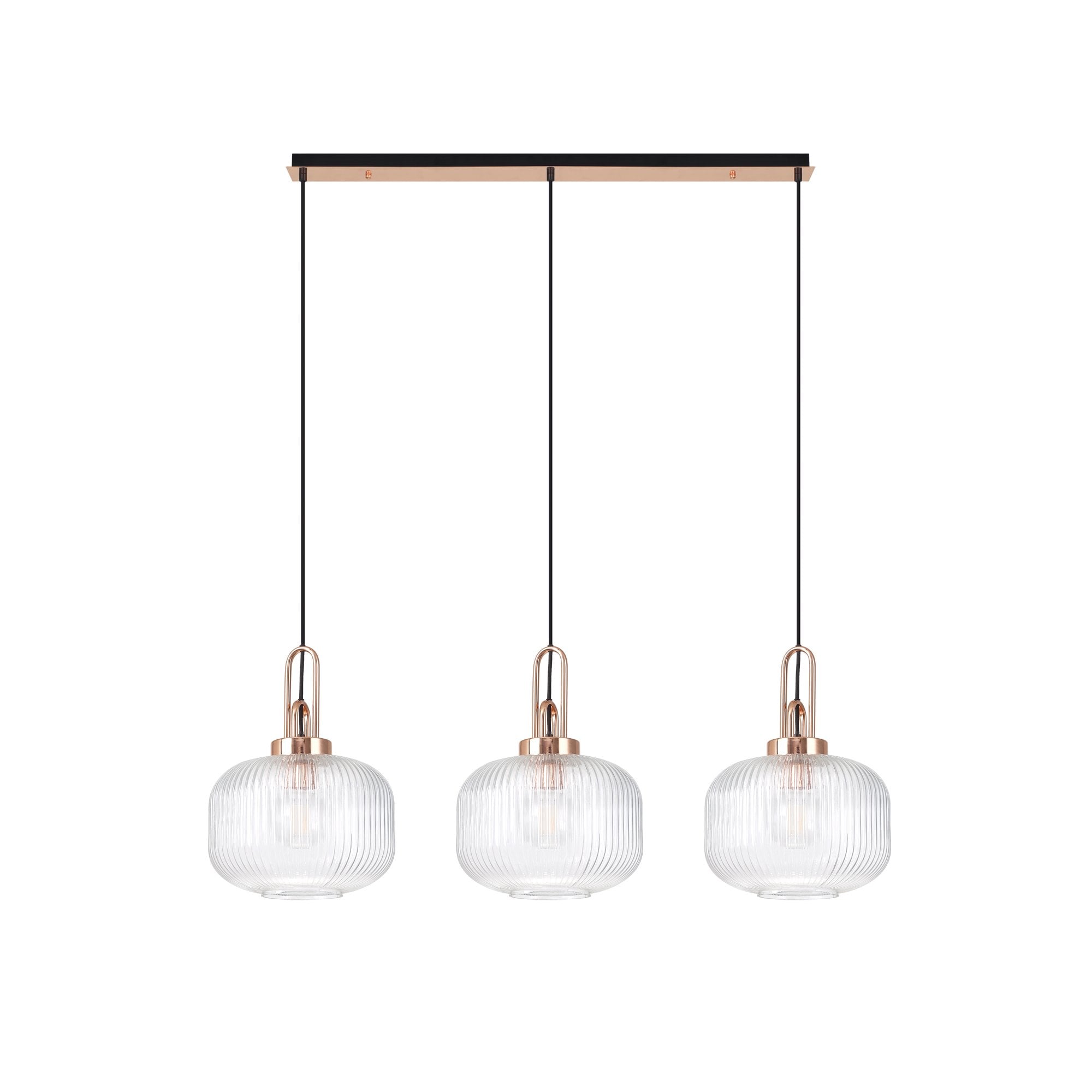 Fabula Springfield 3 Light Linear Pendant - 30cm Pumpkin Shaped Ribbed Glass Shades - Copper & Clear Glass