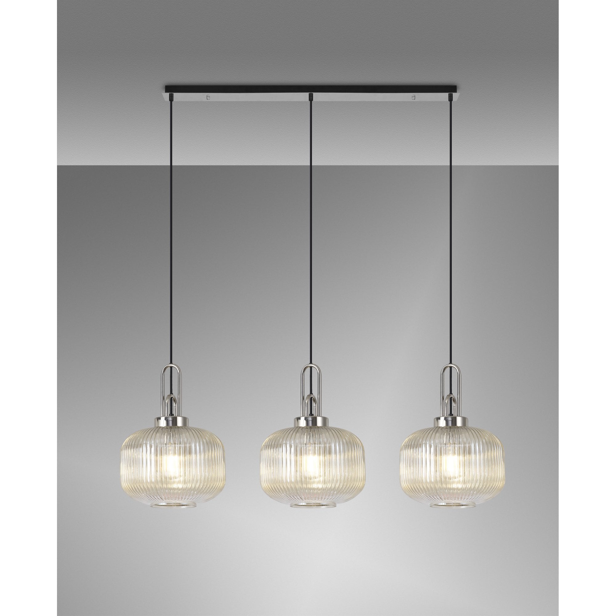 Fabula Springfield 3 Light Linear Pendant - 30cm Pumpkin Shaped Ribbed Glass Shades - Polished Nickel & Champagne Glass