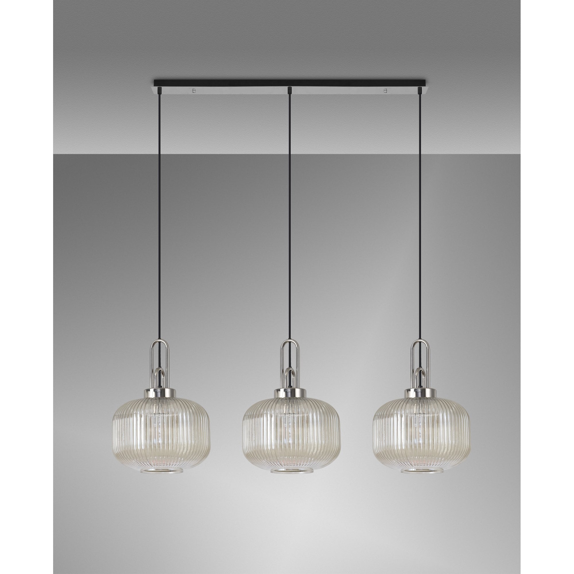 Fabula Springfield 3 Light Linear Pendant - 30cm Pumpkin Shaped Ribbed Glass Shades - Polished Nickel & Champagne Glass
