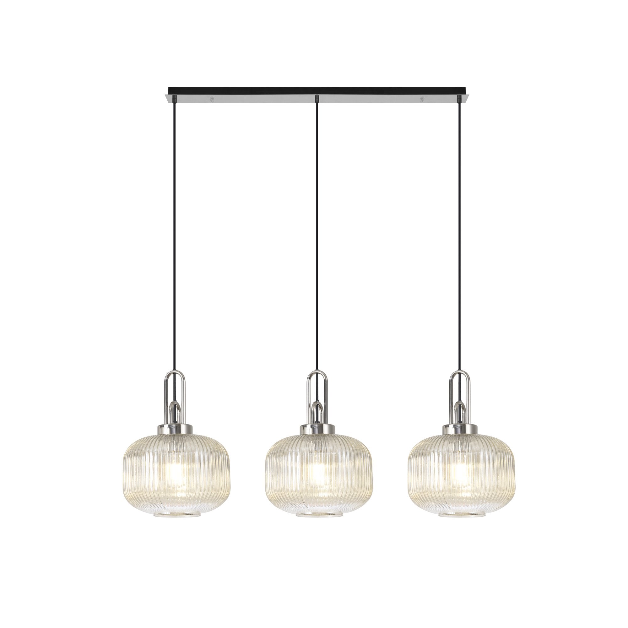 Fabula Springfield 3 Light Linear Pendant - 30cm Pumpkin Shaped Ribbed Glass Shades - Polished Nickel & Champagne Glass