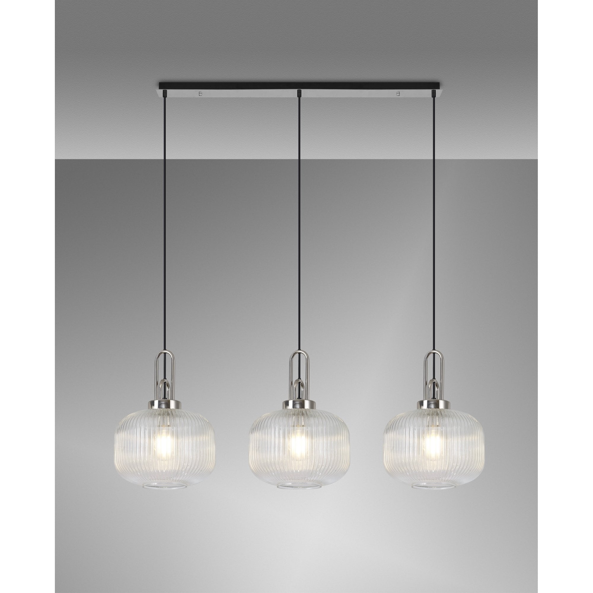 Fabula Springfield 3 Light Linear Pendant - 30cm Pumpkin Shaped Ribbed Glass Shades - Polished Nickel & Clear Glass