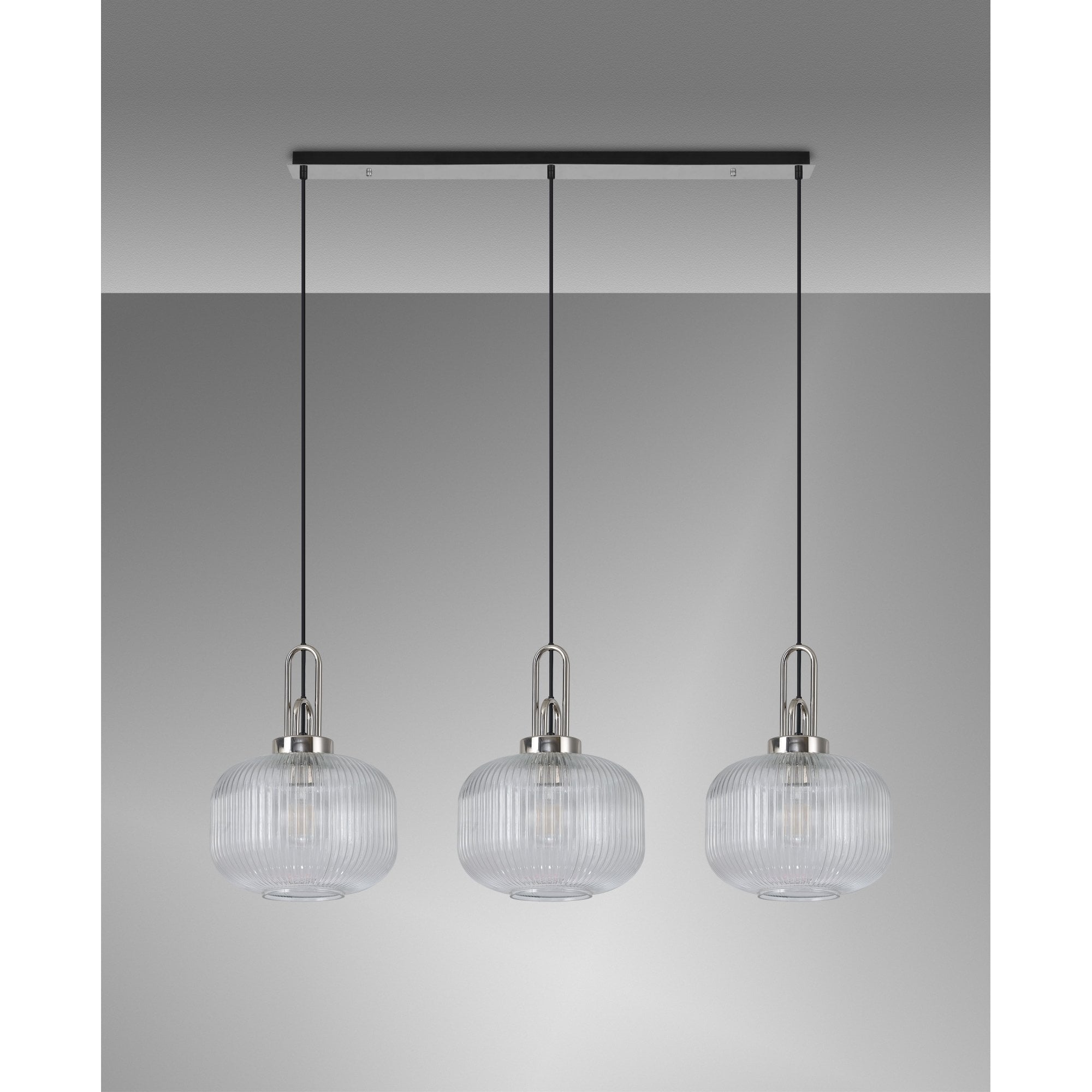 Fabula Springfield 3 Light Linear Pendant - 30cm Pumpkin Shaped Ribbed Glass Shades - Polished Nickel & Clear Glass