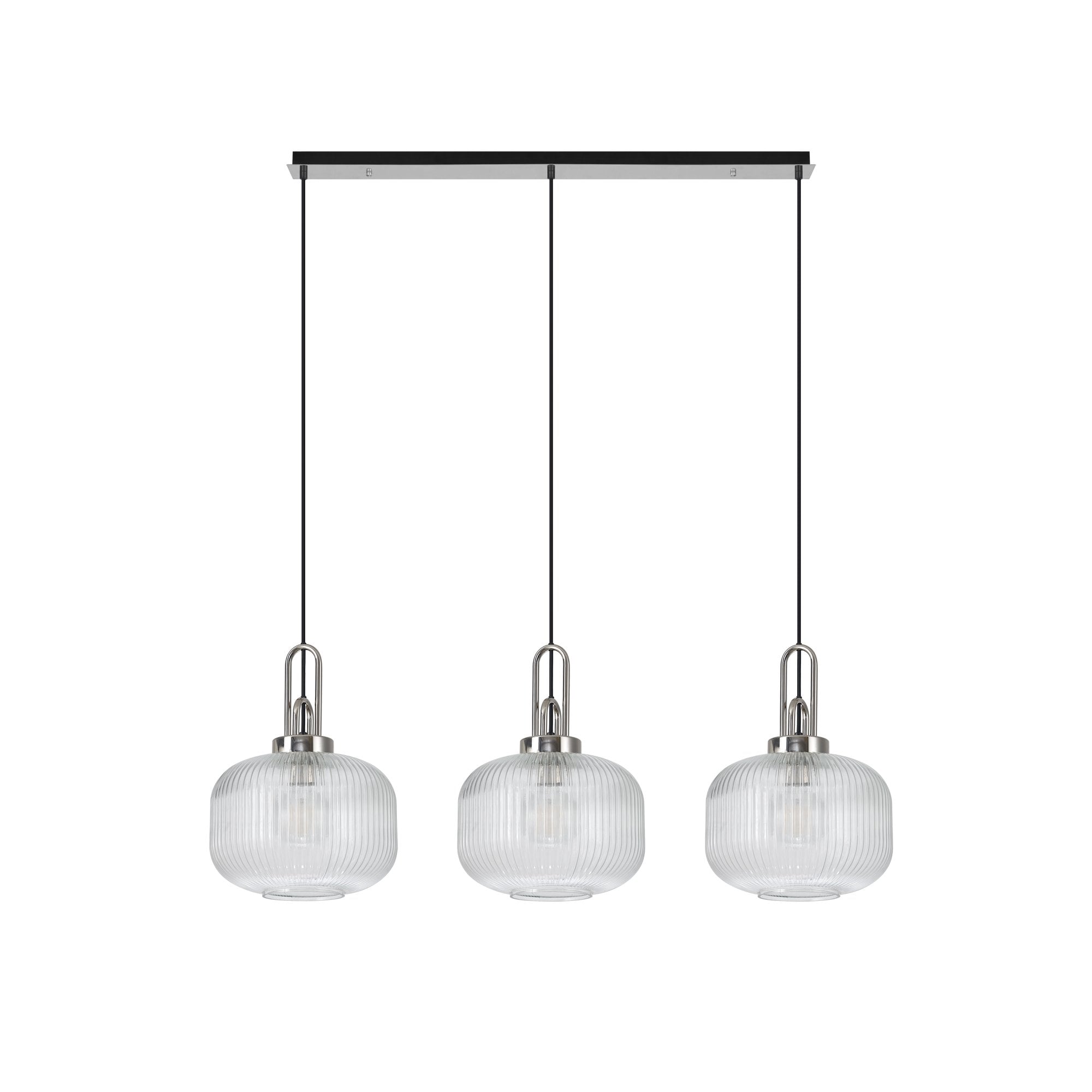 Fabula Springfield 3 Light Linear Pendant - 30cm Pumpkin Shaped Ribbed Glass Shades - Polished Nickel & Clear Glass